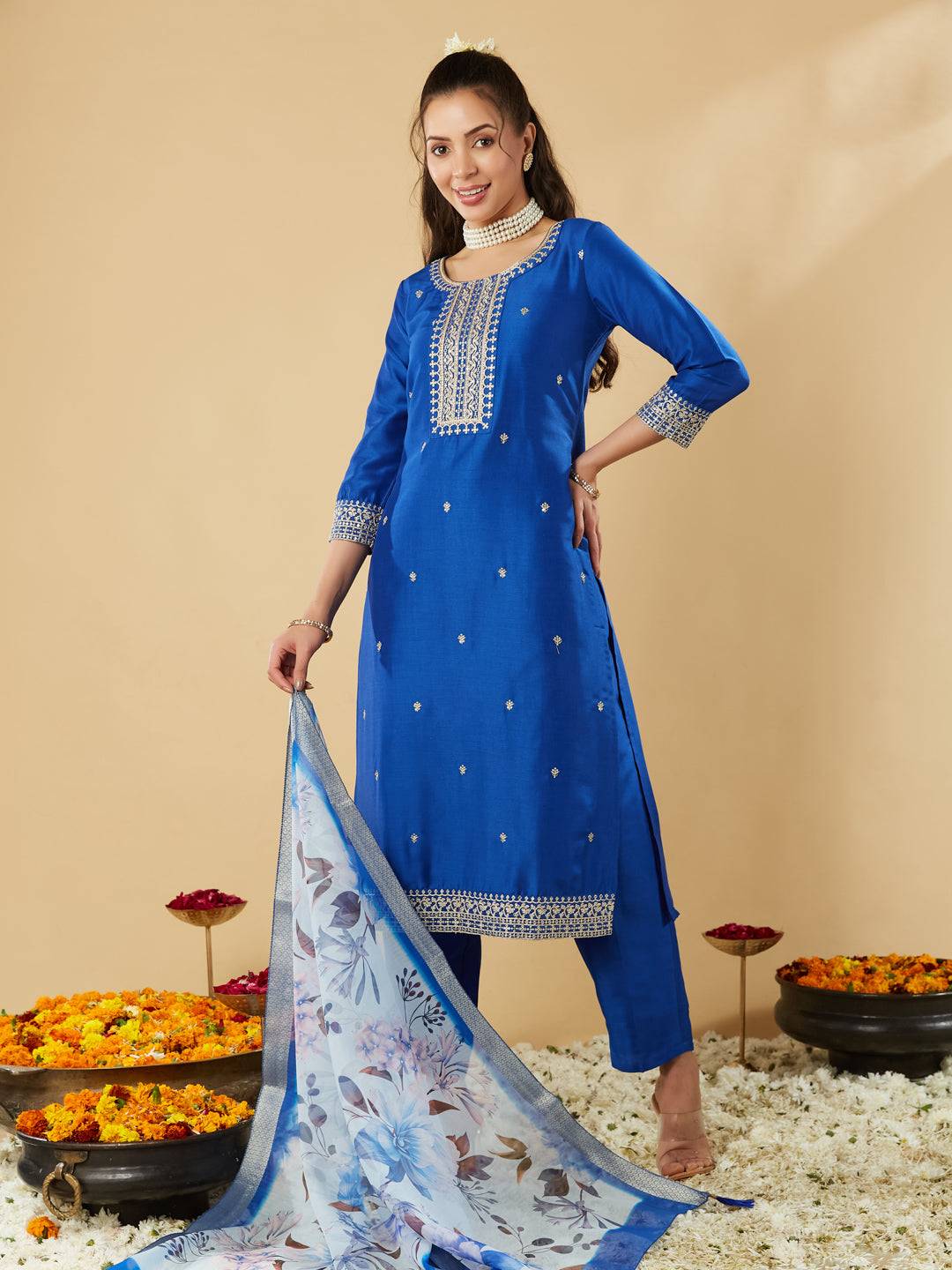 Royal Blue Embroidery Round Neck Kurta Set