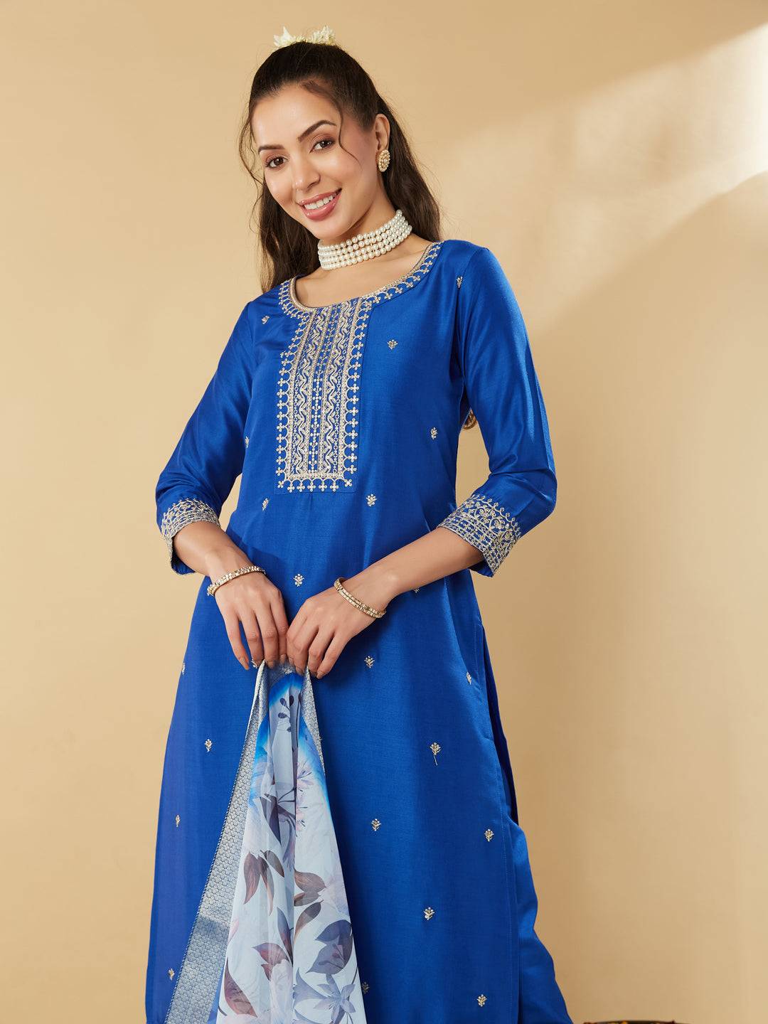 Royal Blue Embroidery Round Neck Kurta Set