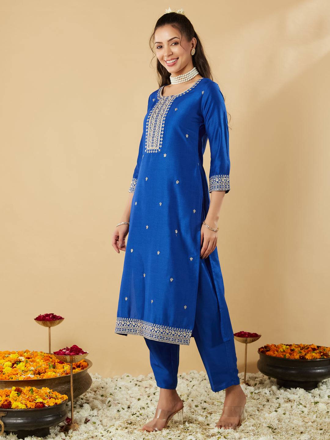 Royal Blue Embroidery Round Neck Kurta Set