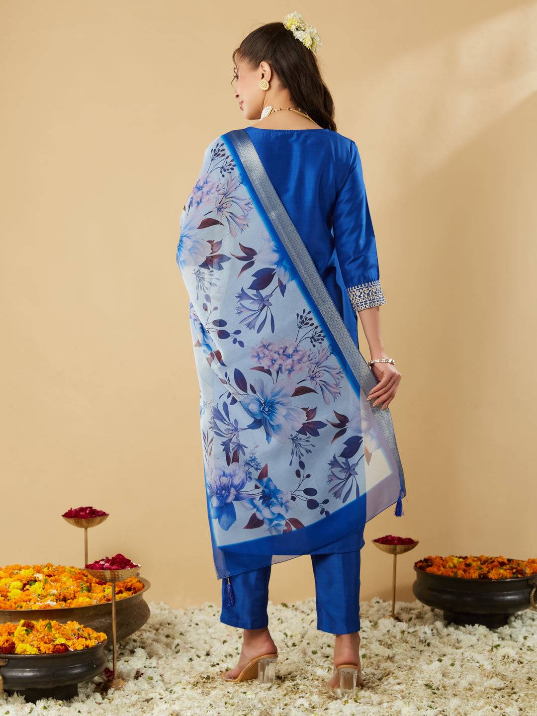 Royal Blue Embroidery Round Neck Kurta Set