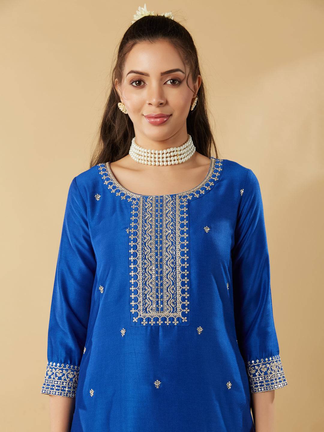 Royal Blue Embroidery Round Neck Kurta Set