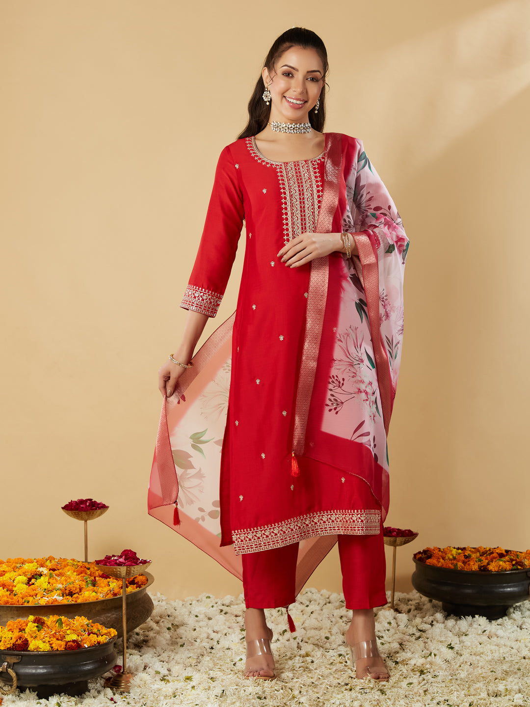 Red Embroidery Round Neck Kurta Set