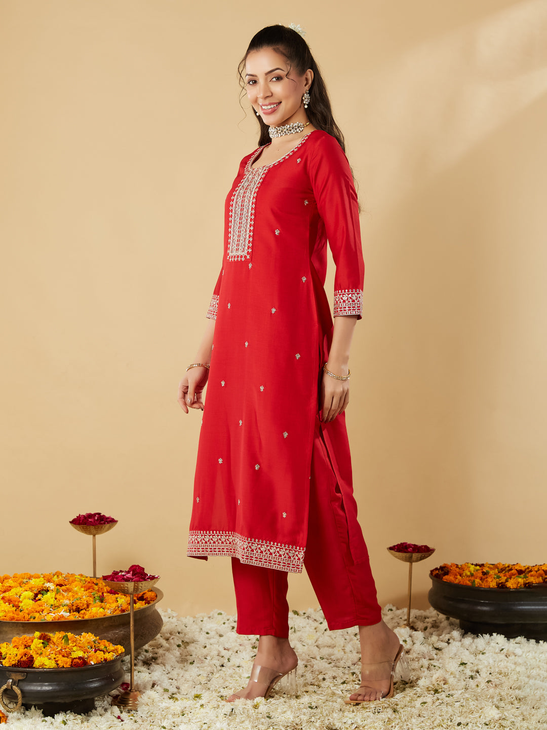 Red Embroidery Round Neck Kurta Set