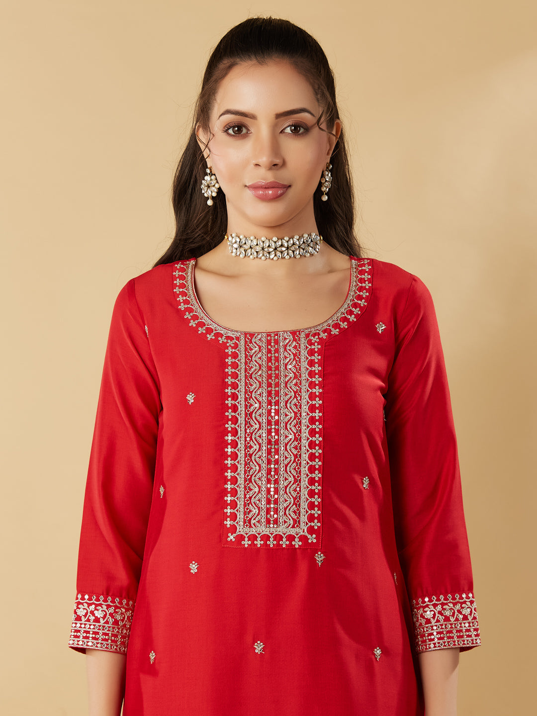 Red Embroidery Round Neck Kurta Set