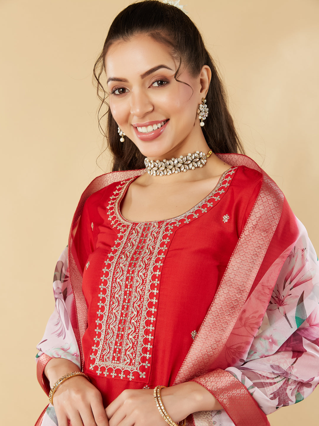 Red Embroidery Round Neck Kurta Set