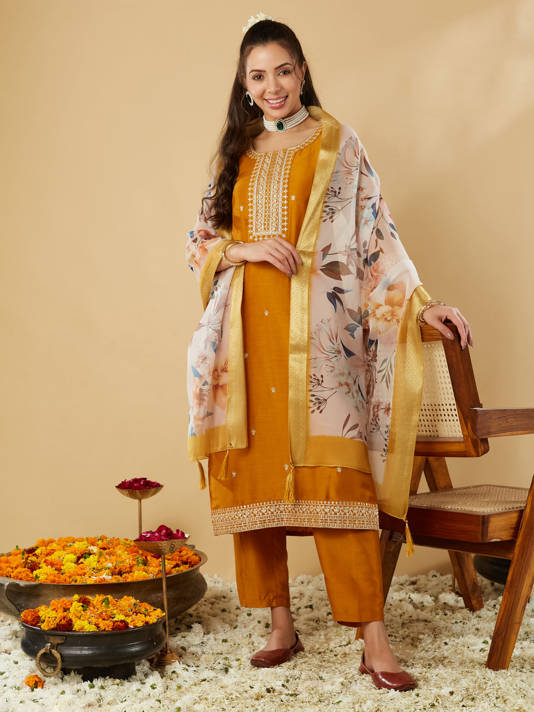 Mustard Embroidered Chinon Straight Suit With Printed Dupatta