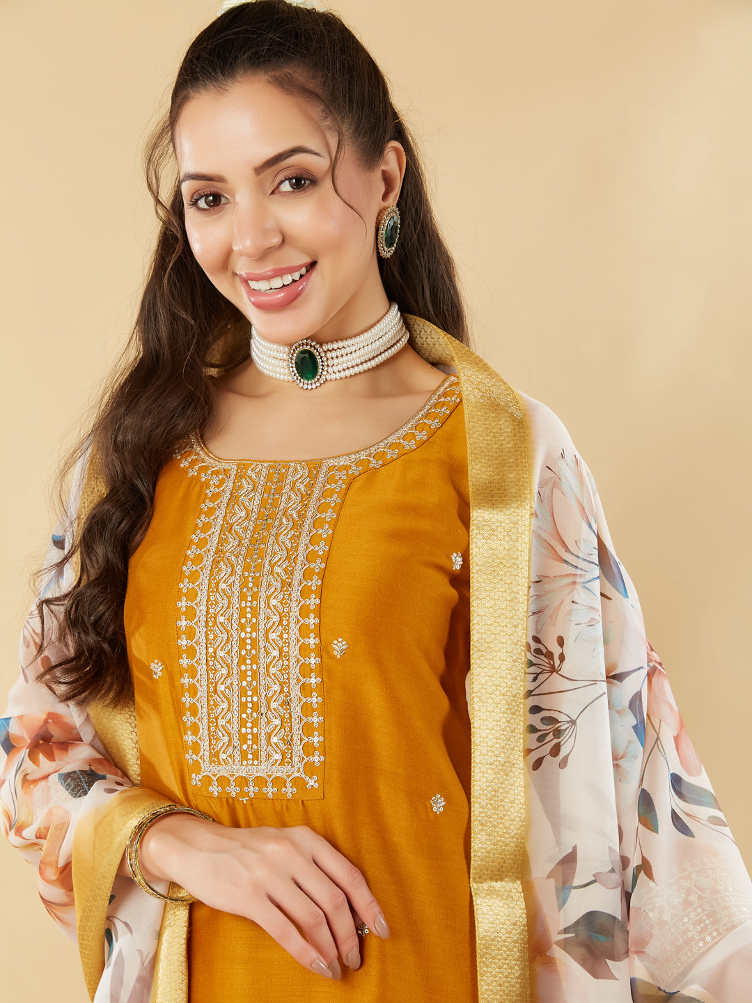 Mustard Embroidered Chinon Straight Suit With Printed Dupatta