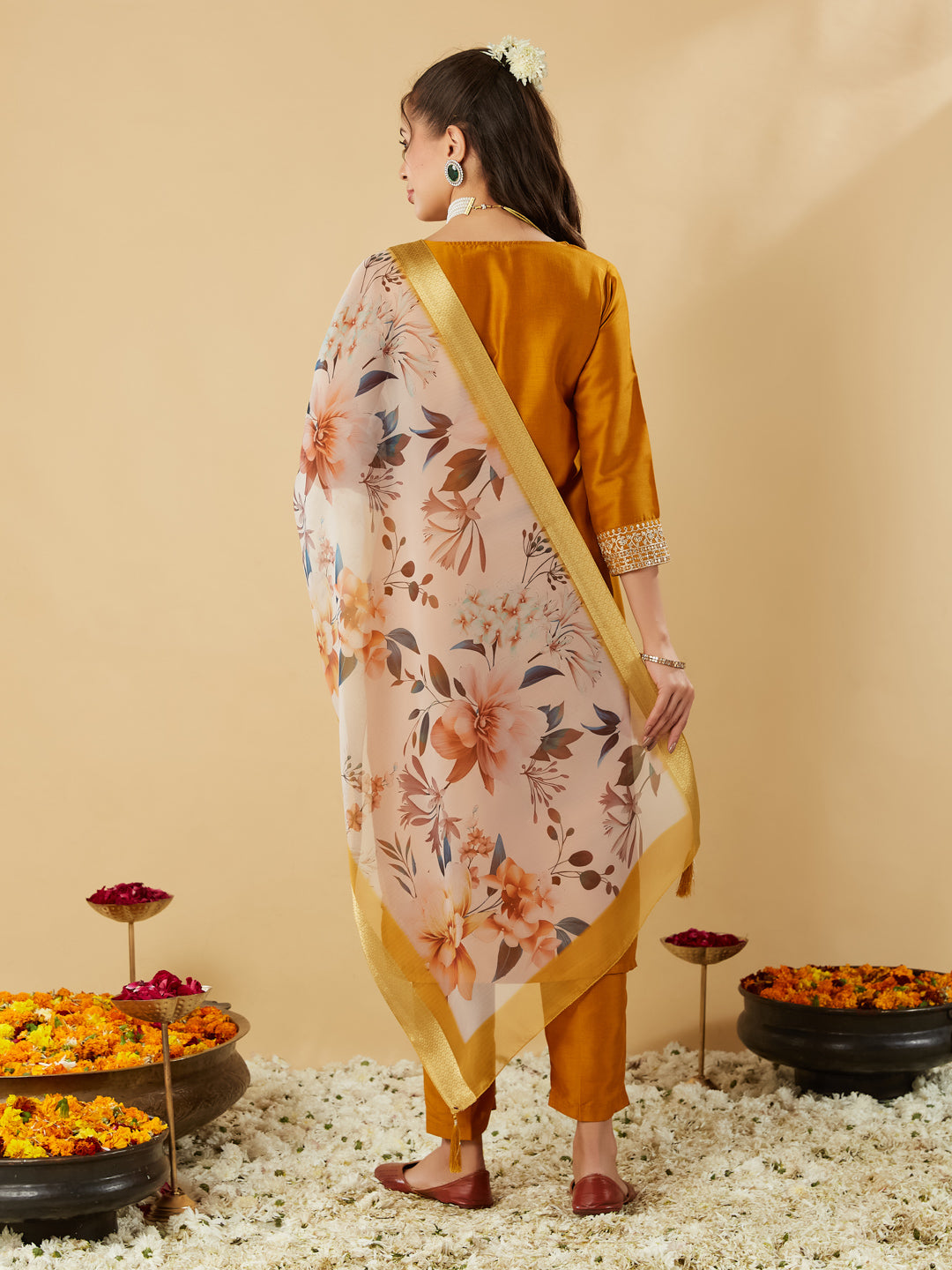 Mustard Embroidery Round Neck Kurta Set