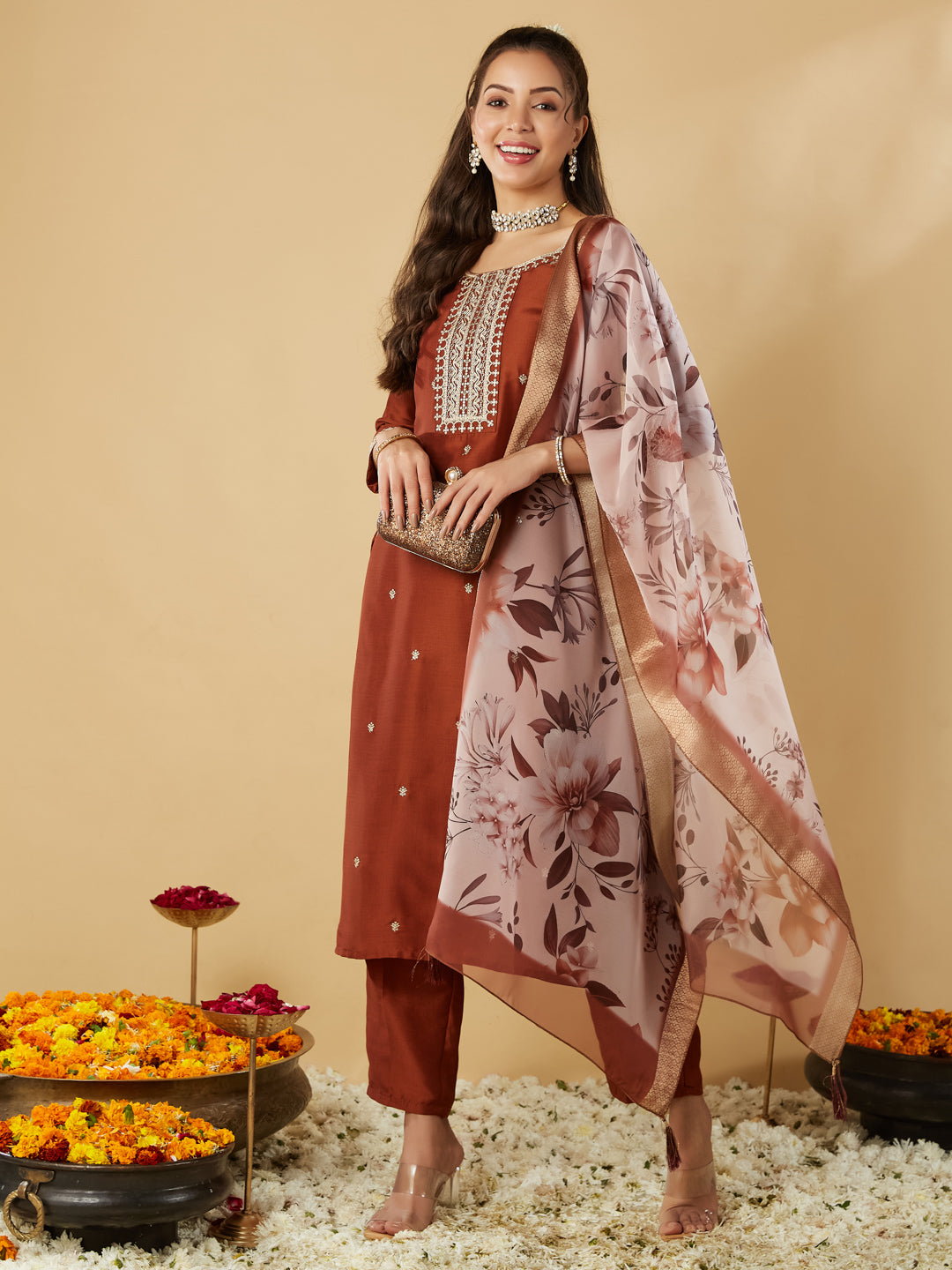 Rust Embroidery Round Neck Kurta Set