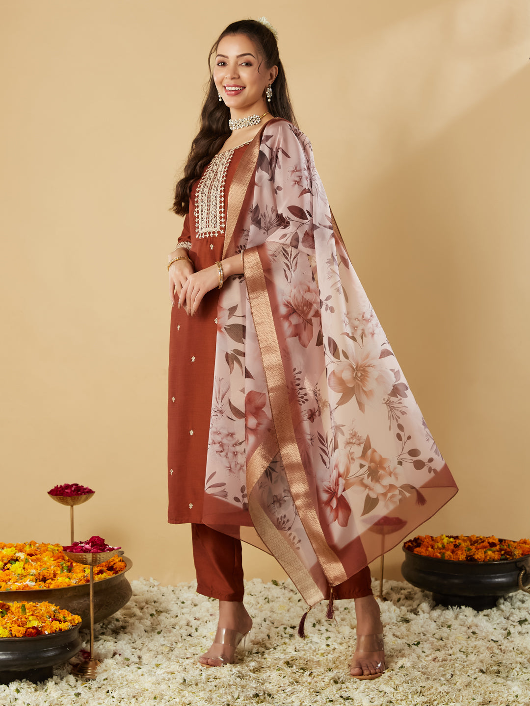 Rust Embroidery Round Neck Kurta Set