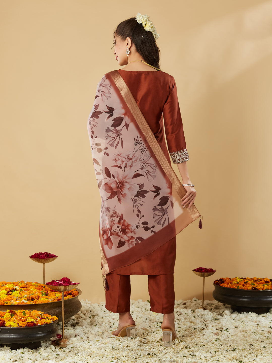 Rust Embroidery Round Neck Kurta Set