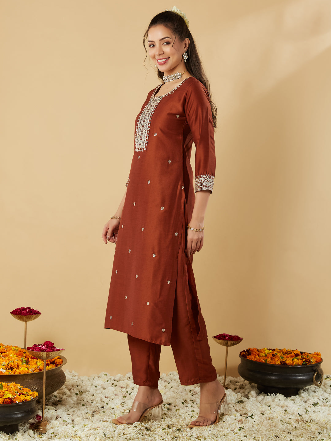 Rust Embroidery Round Neck Kurta Set