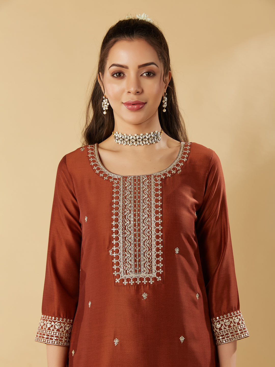 Rust Embroidery Round Neck Kurta Set