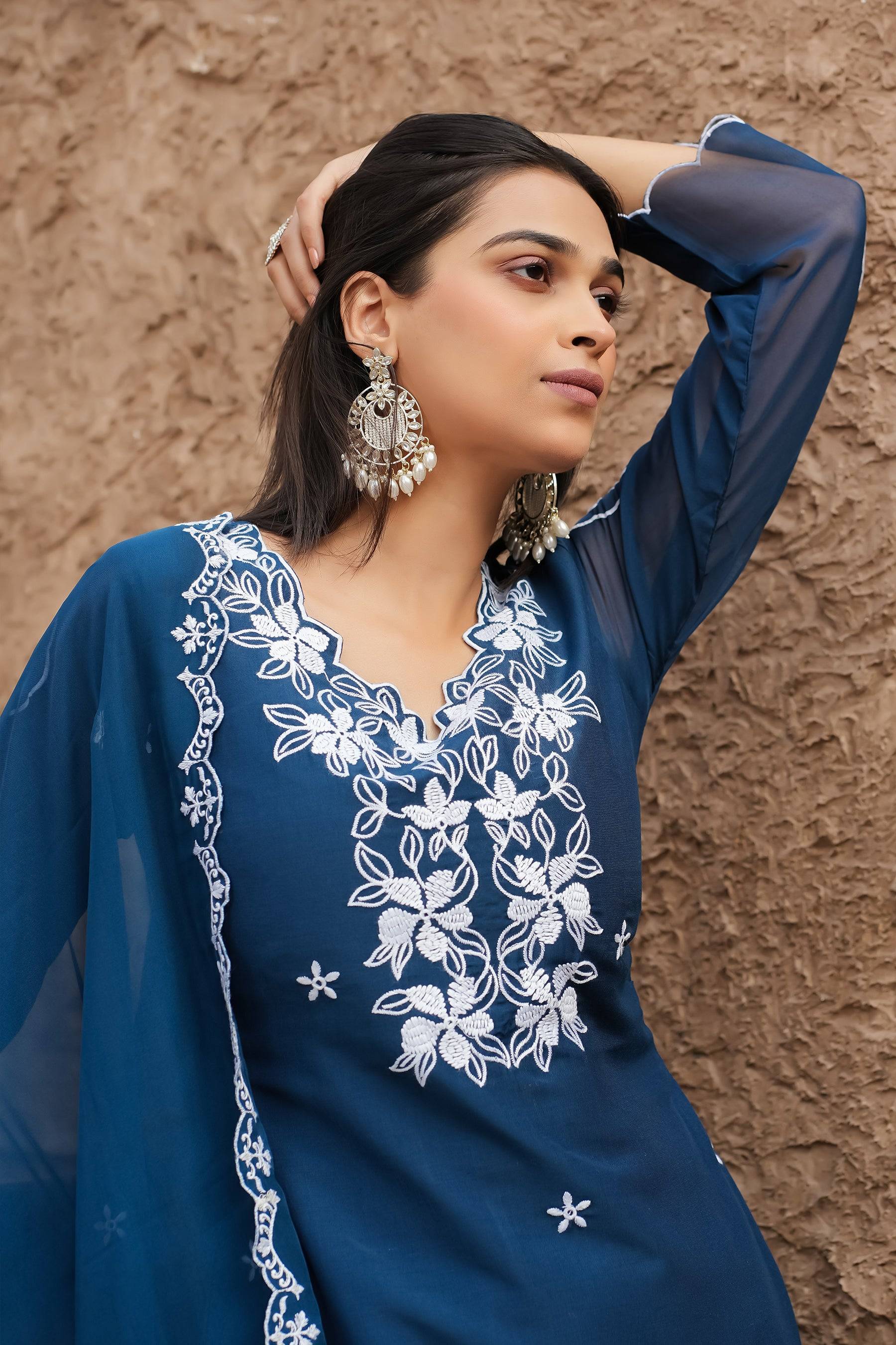 Teal Blue Self Design Chinon Straight Kurta With Dupatta