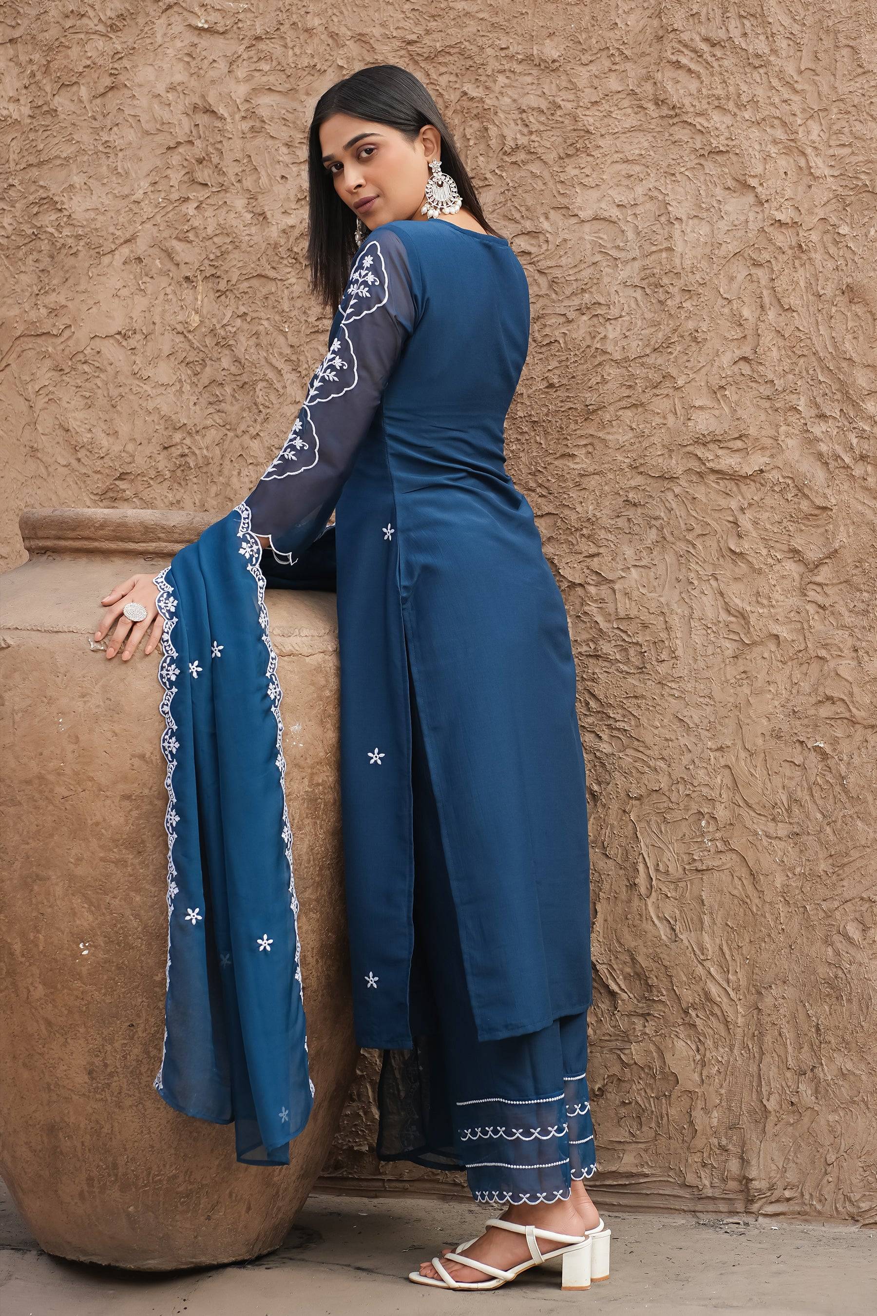 Teal Blue Self Design Chinon Straight Kurta With Dupatta