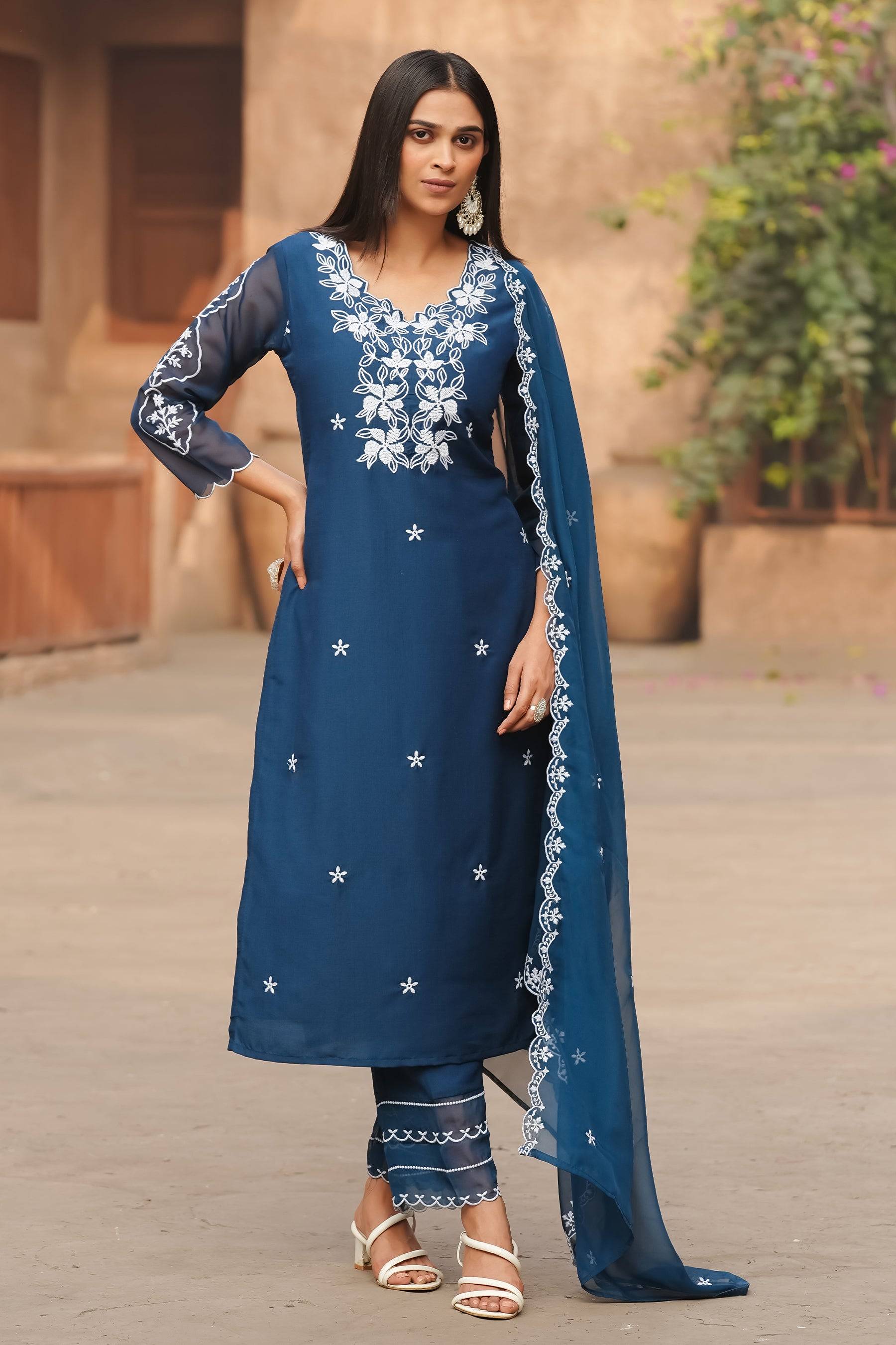 Teal Blue Self Design Chinon Straight Kurta With Dupatta