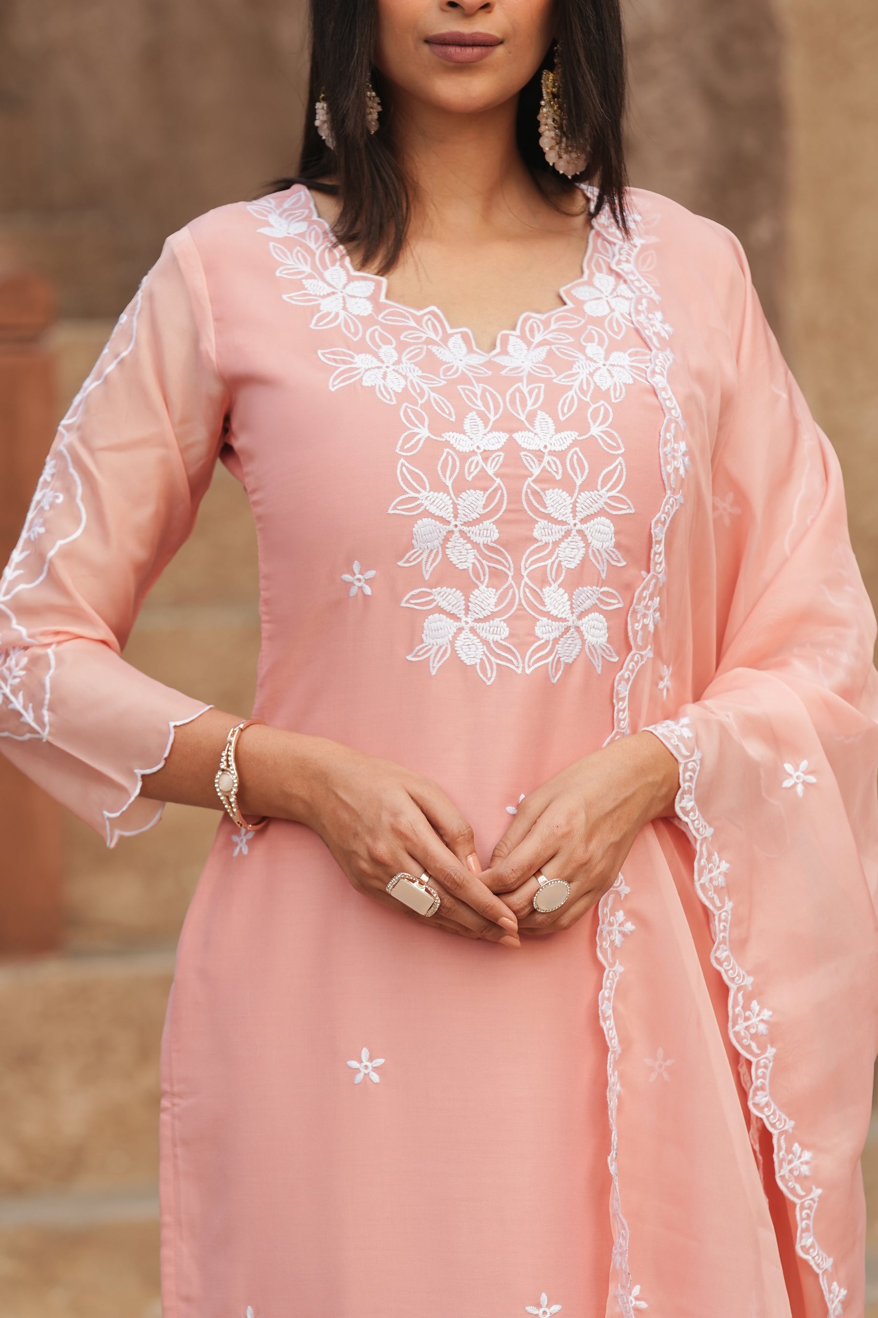 Peach Self Design Chinon Straight Kurta With Dupatta