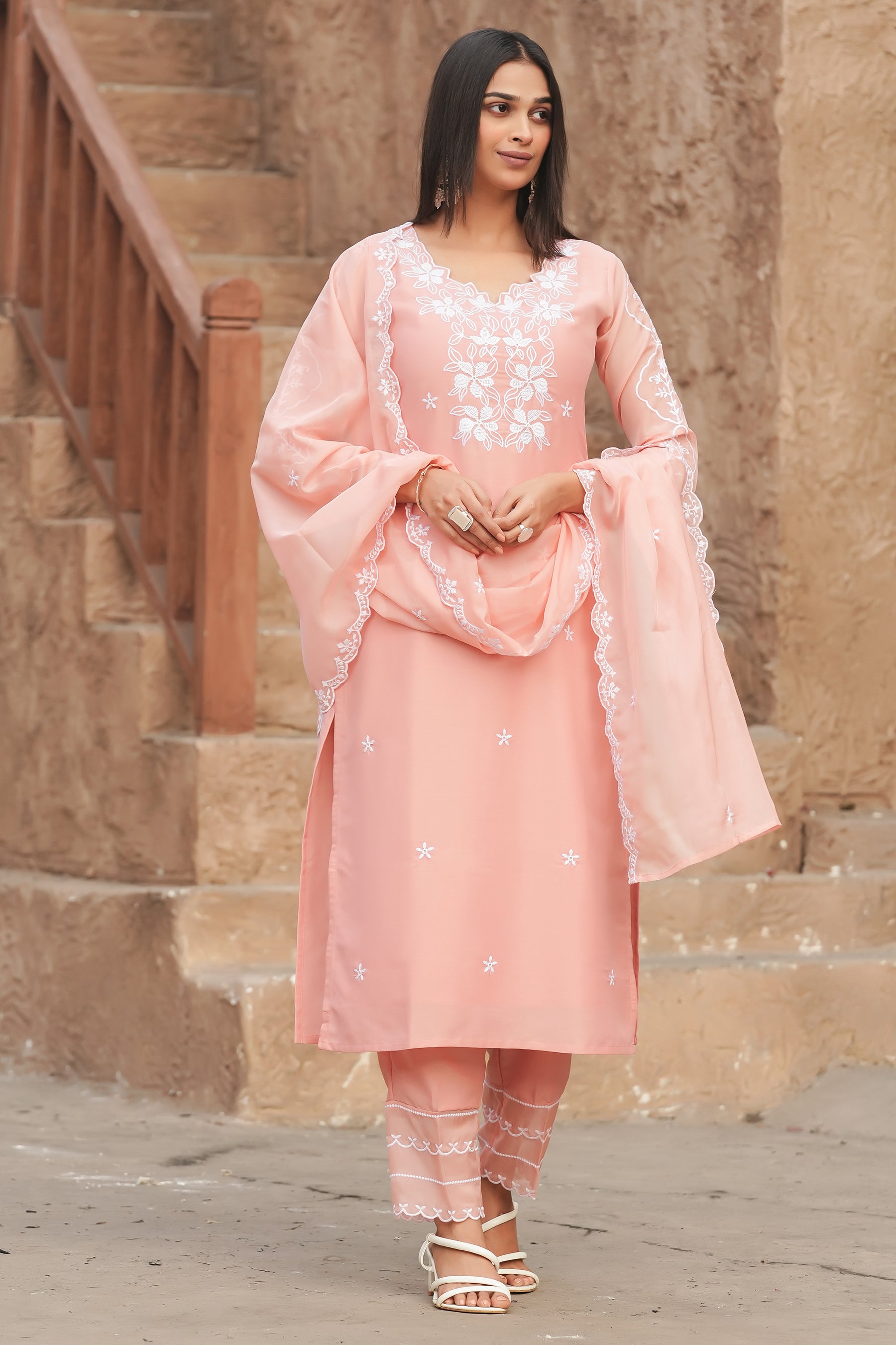 Peach Self Design Chinon Straight Kurta With Dupatta