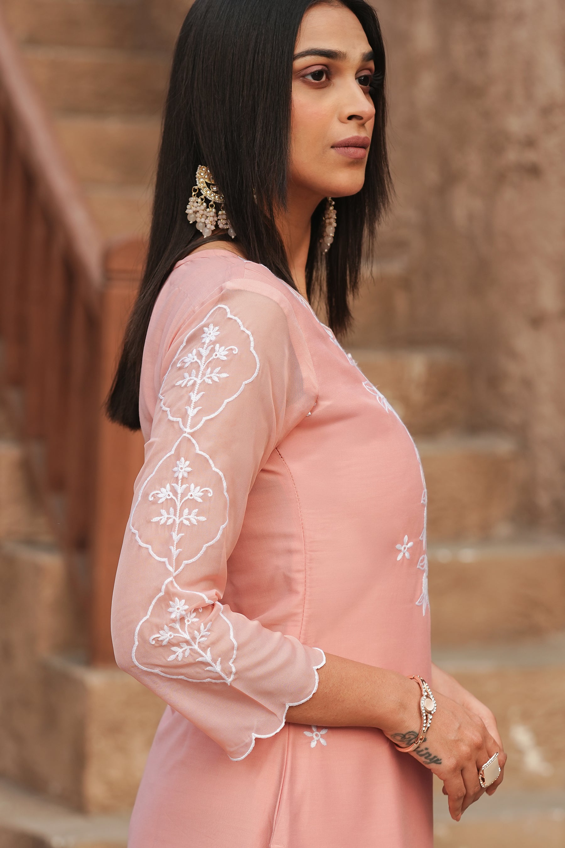 Peach Self Design Chinon Straight Kurta With Dupatta