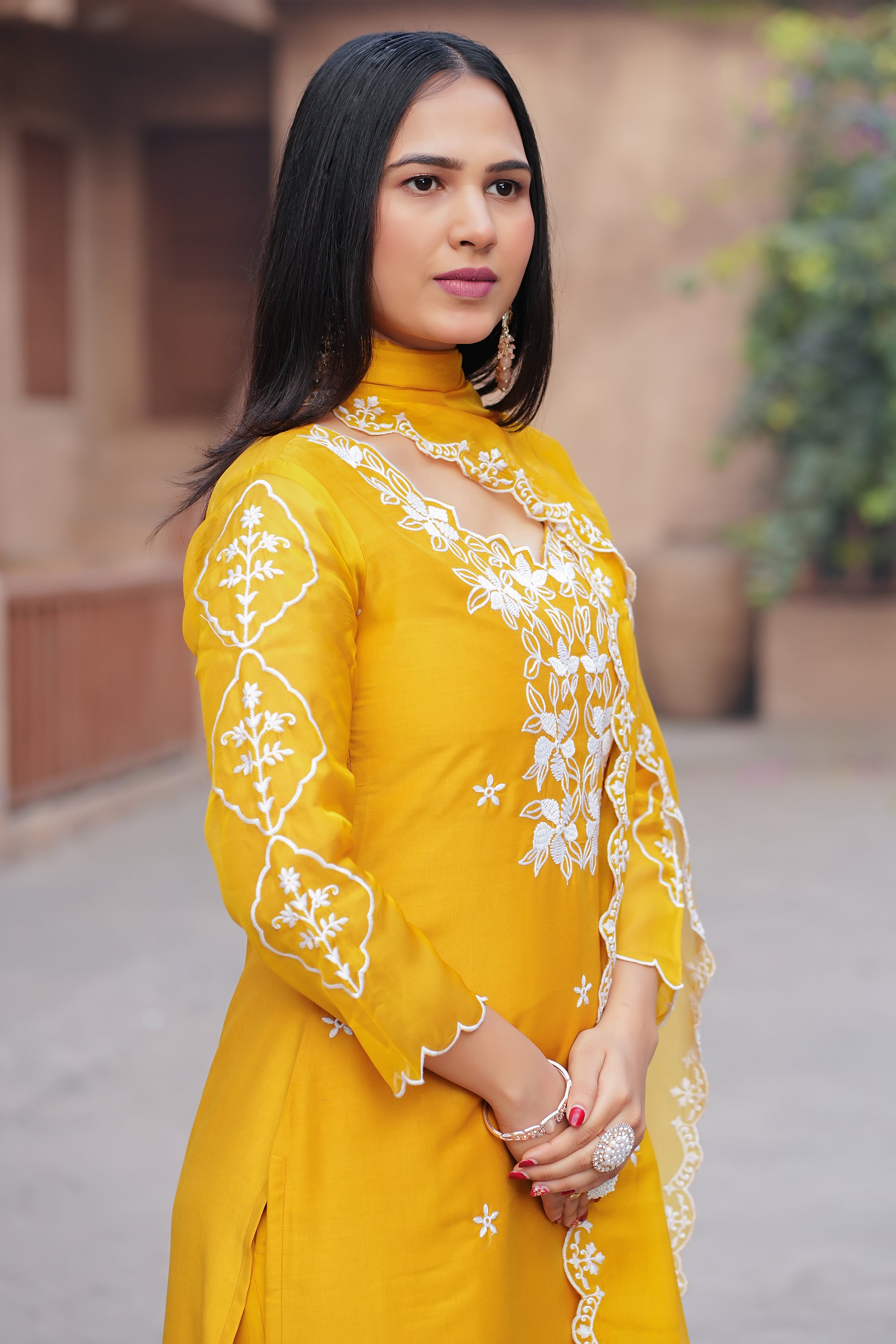 Mustard Self Design Chinon Straight Kurta With Dupatta