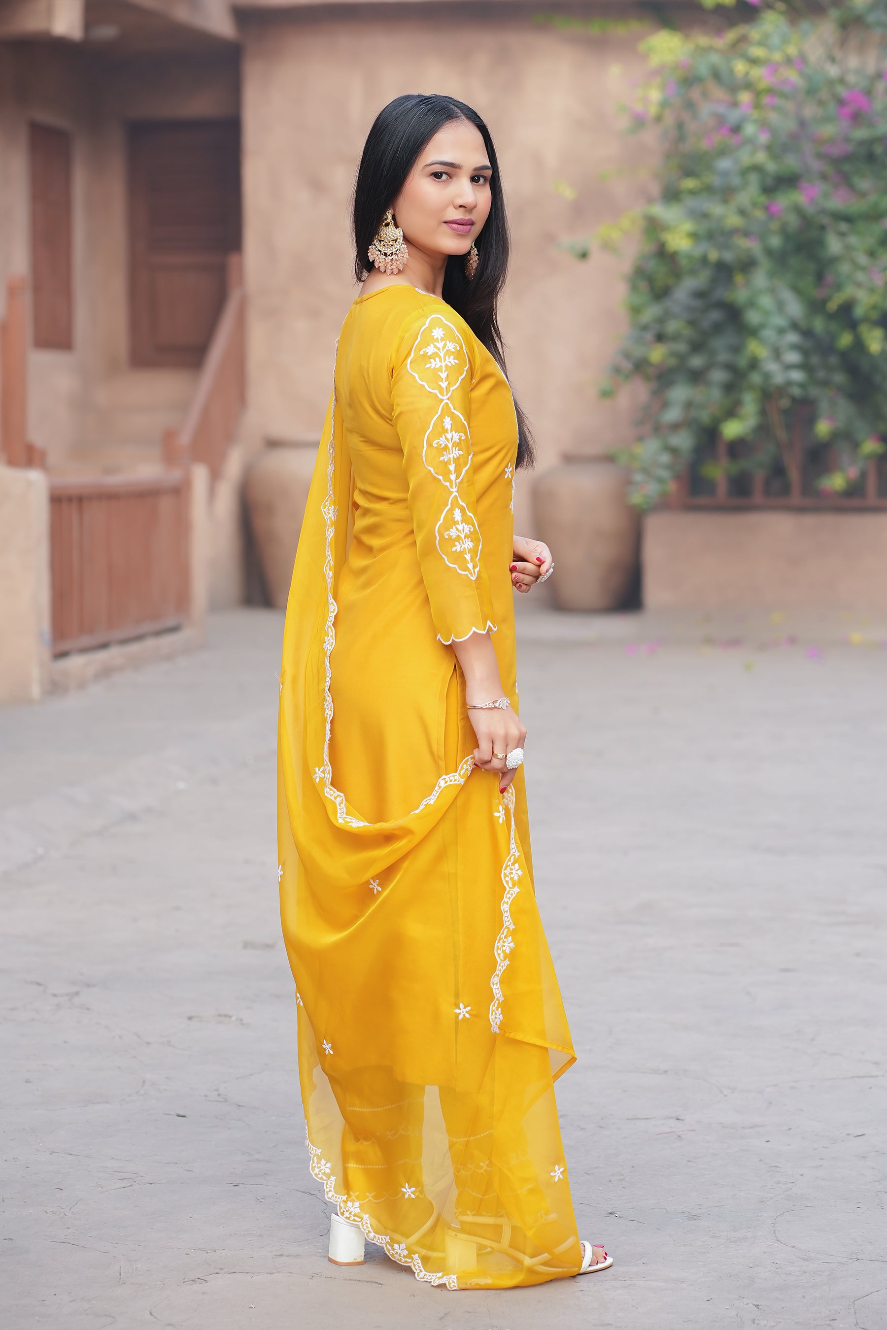 Mustard Self Design Chinon Straight Kurta With Dupatta