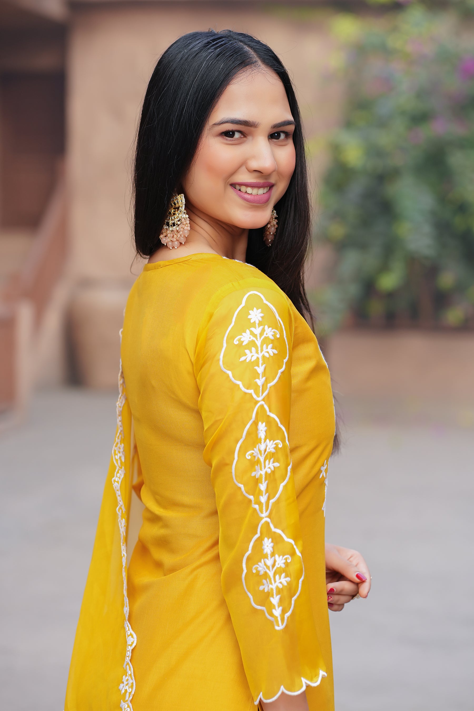 Mustard Self Design Chinon Straight Kurta With Dupatta