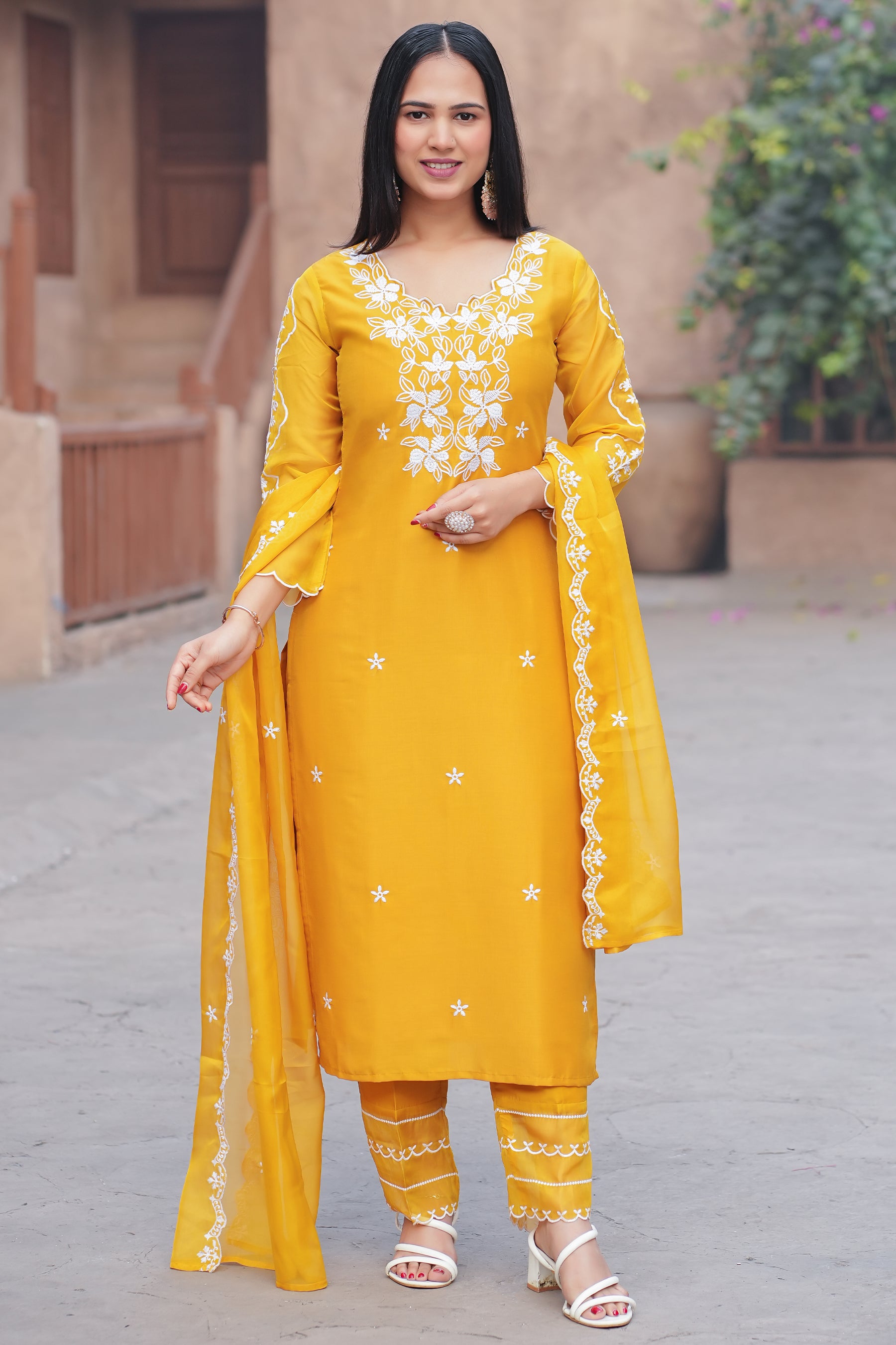 Mustard Self Design Chinon Straight Kurta With Dupatta