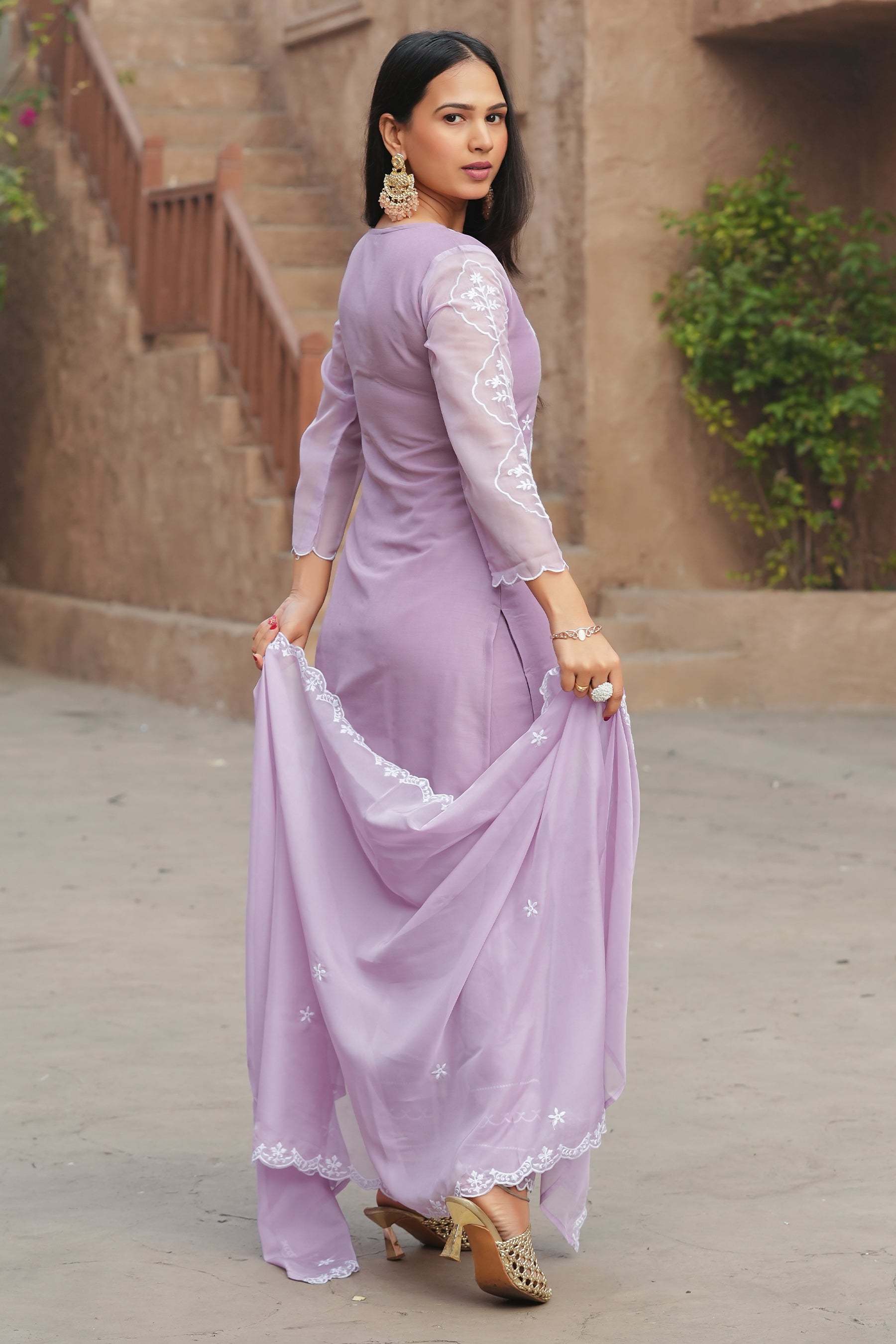 Lavender Self Design Chinon Straight Kurta With Dupatta