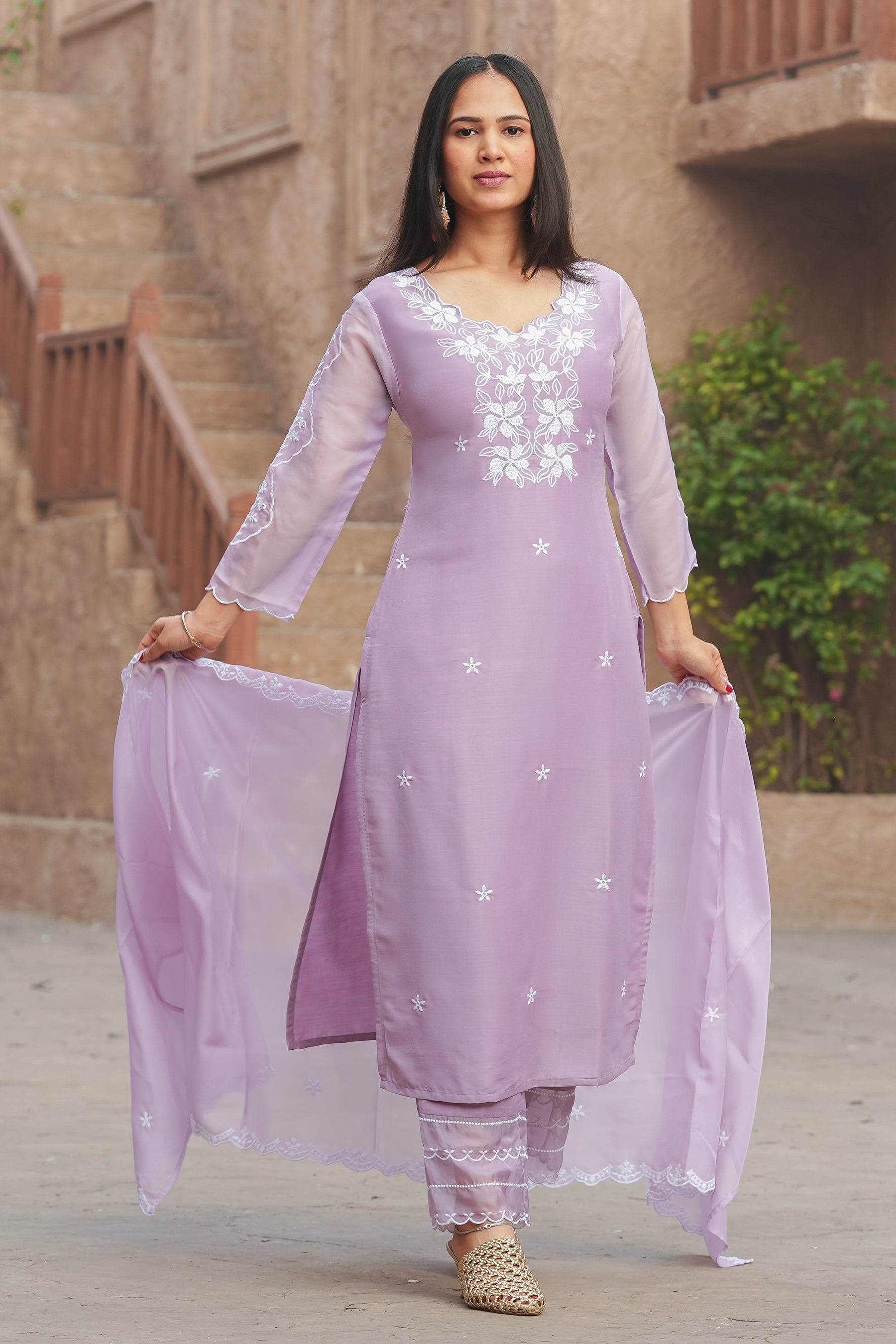 Lavender Self Design Chinon Straight Kurta With Dupatta