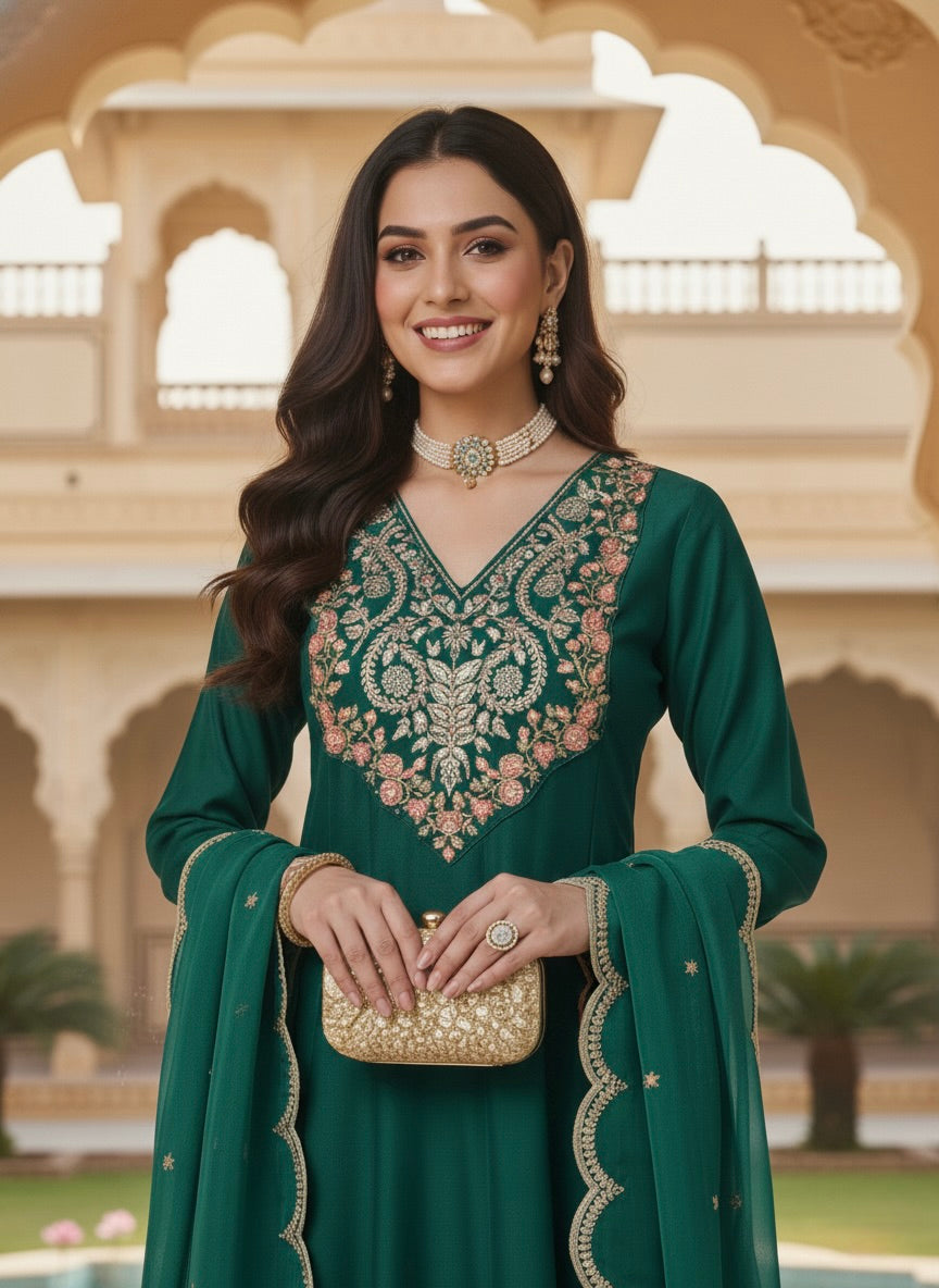 Bottle Green Embroidered Chinon Anarkali Kurta With Dupatta Set