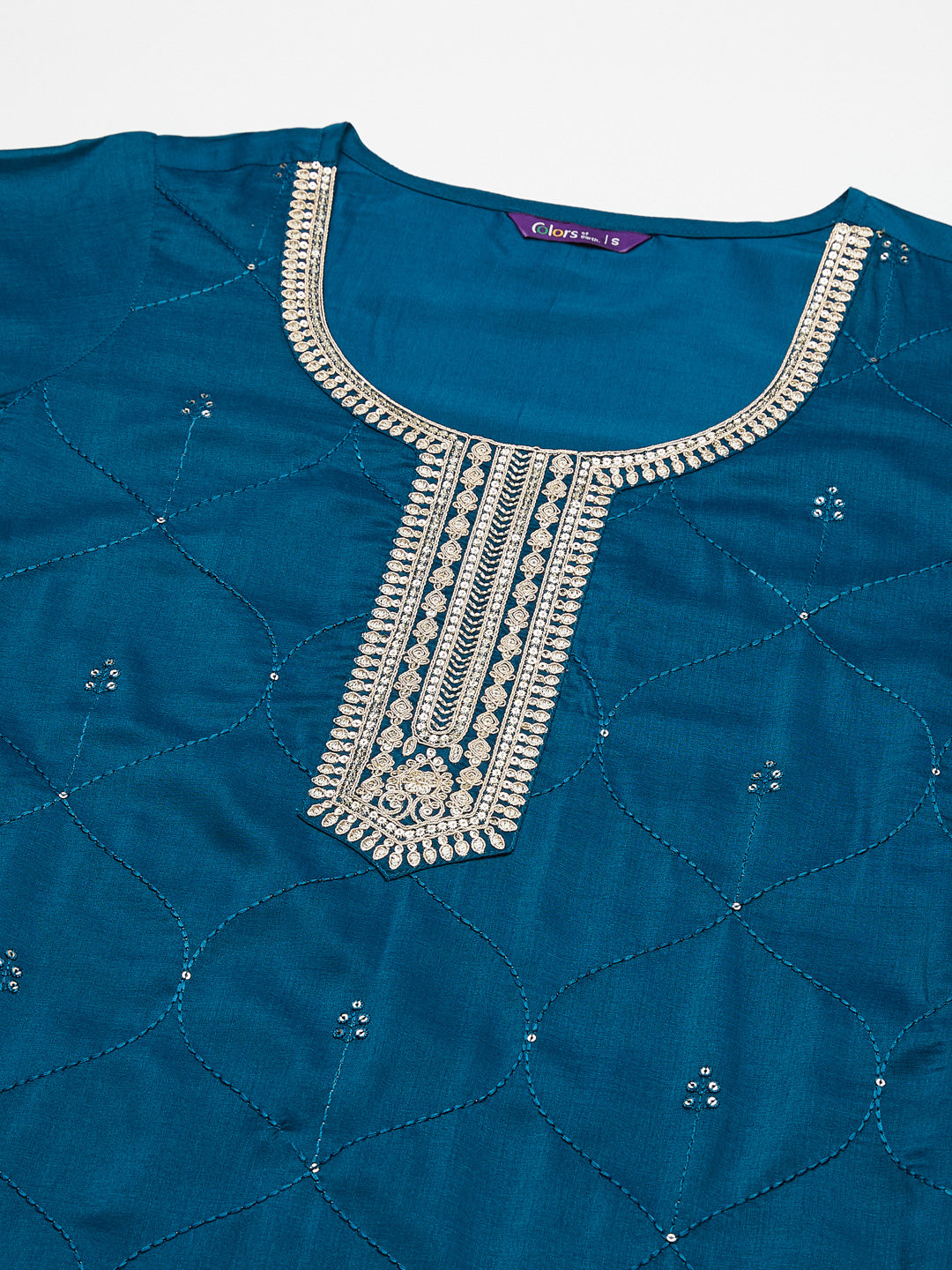 Teal Blue Yoke Design Chinon Straight Suit With Dupatta