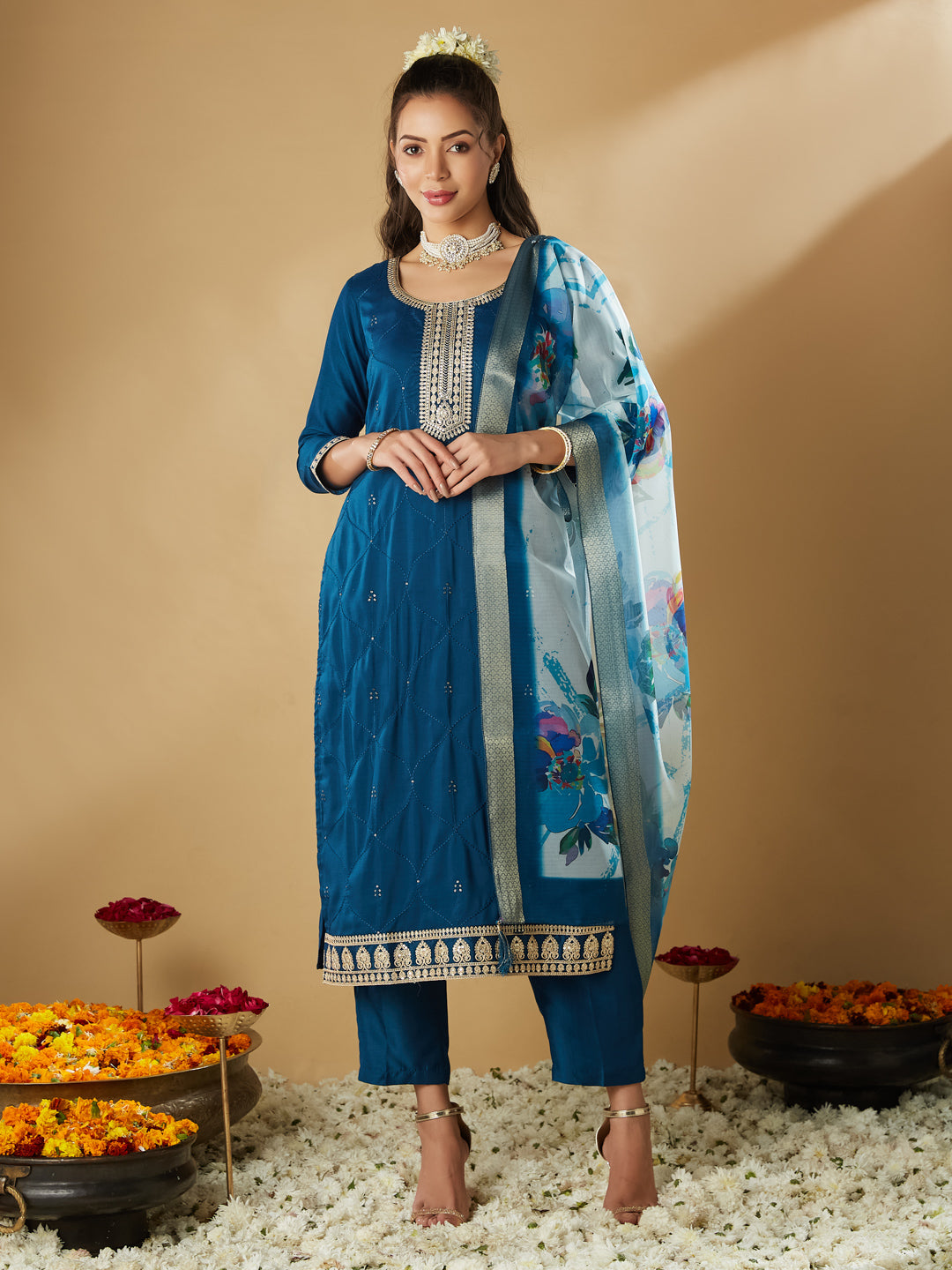 Teal Blue Yoke Design Chinon Straight Suit With Dupatta