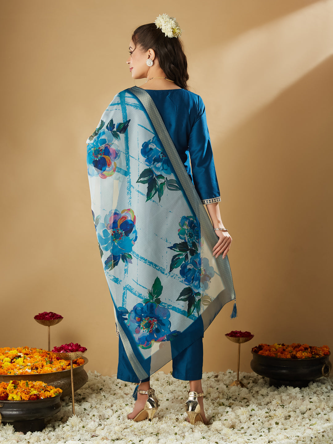 Teal Blue Yoke Design Chinon Straight Suit With Dupatta