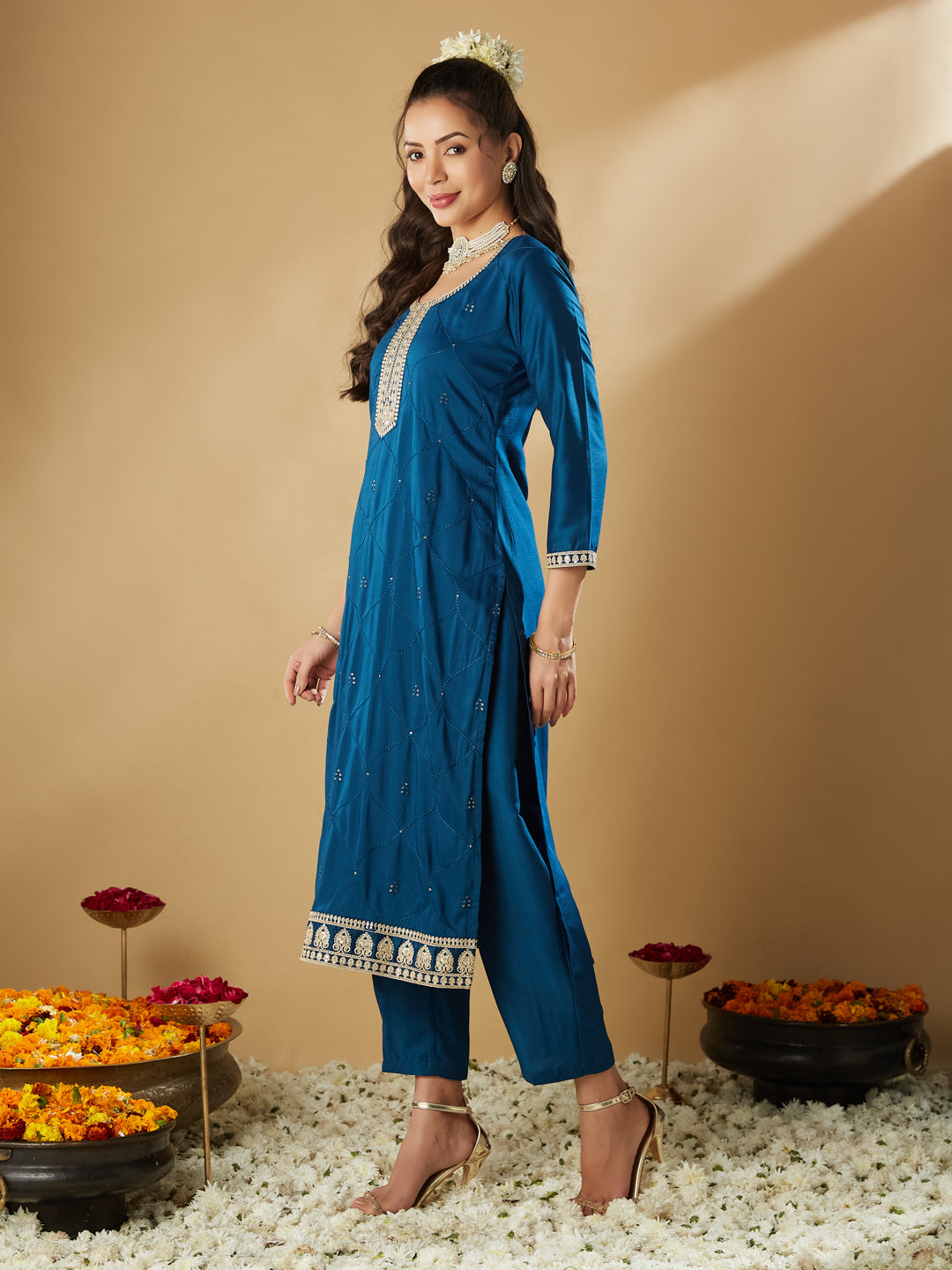 Teal Blue Yoke Design Chinon Straight Suit With Dupatta