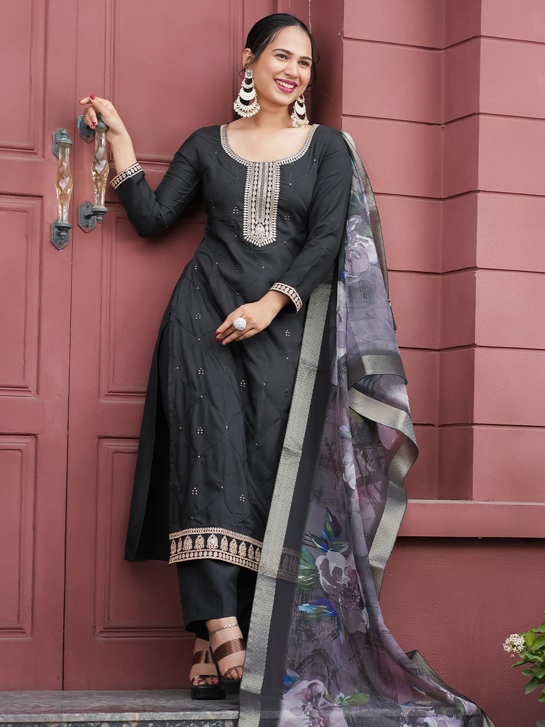 Black Yoke Design Chinon Straight Suit With Dupatta