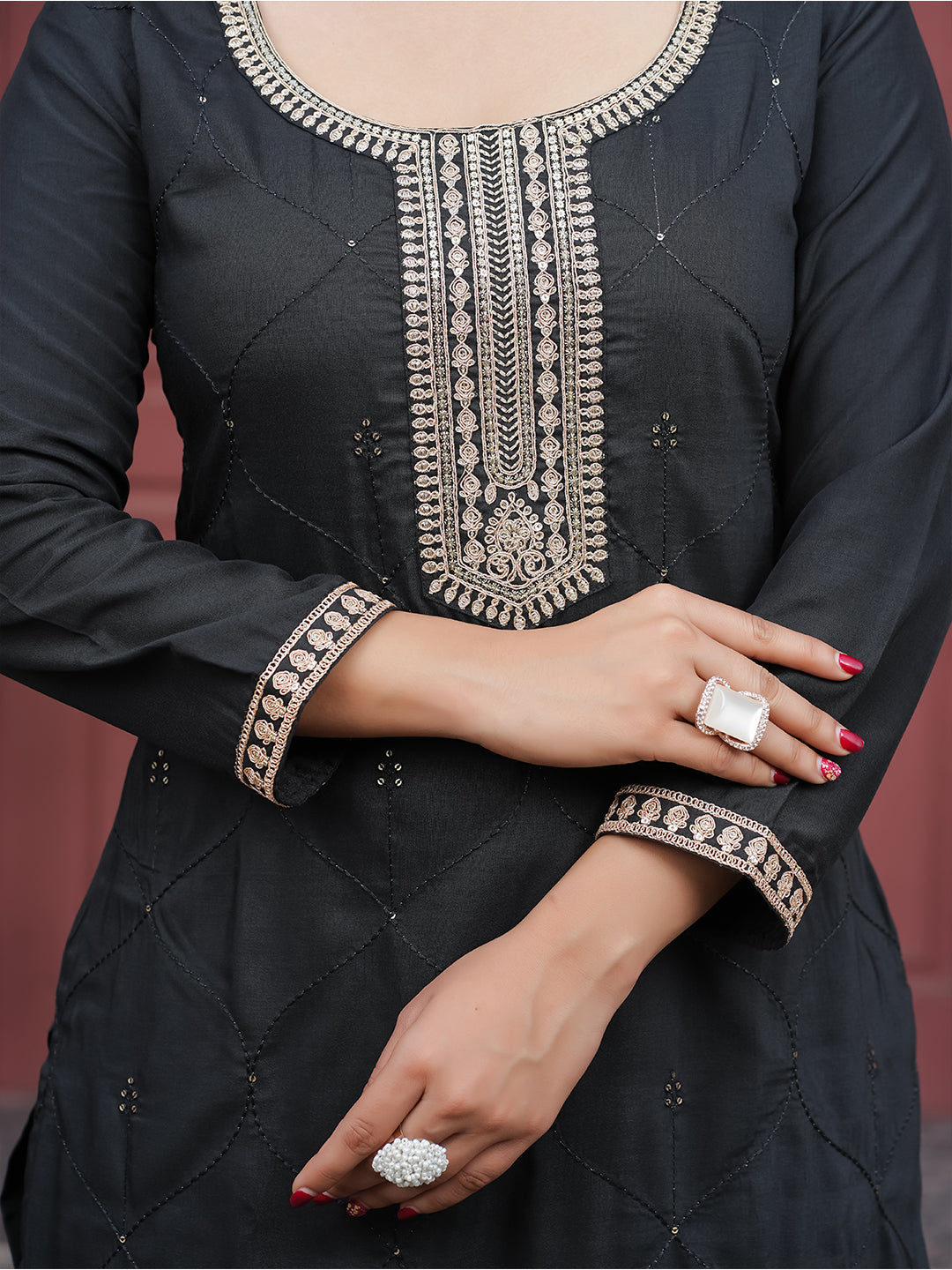 Black Yoke Design Chinon Straight Suit With Dupatta