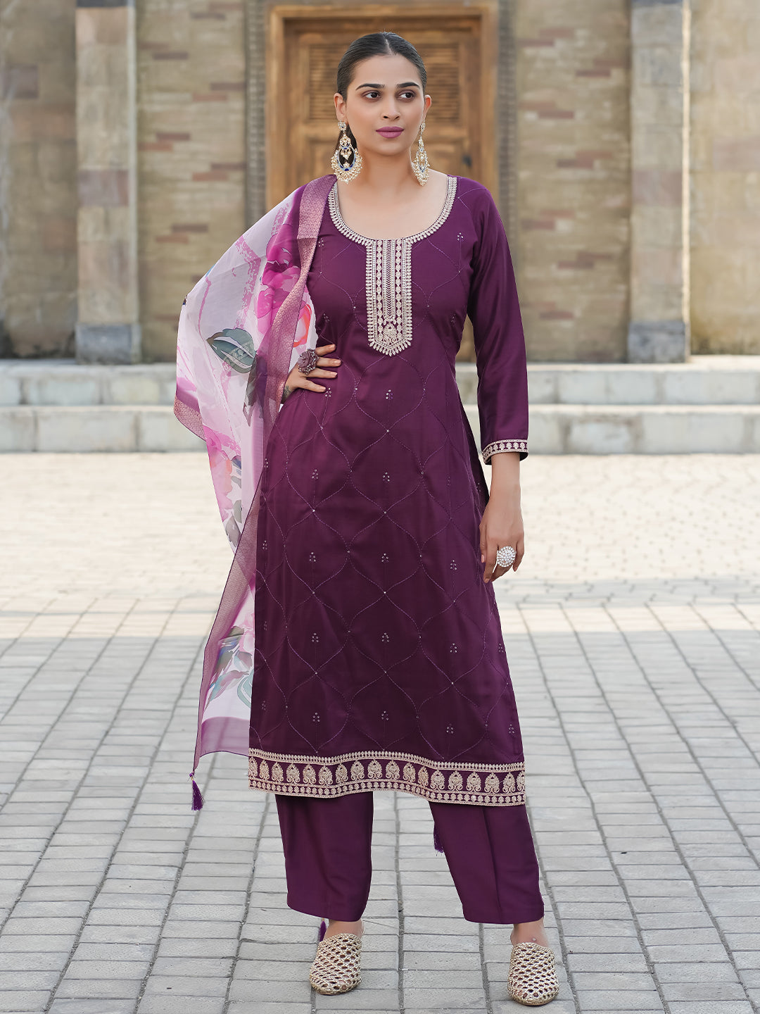 Wine Yoke Design Chinon Straight Suit With Dupatta