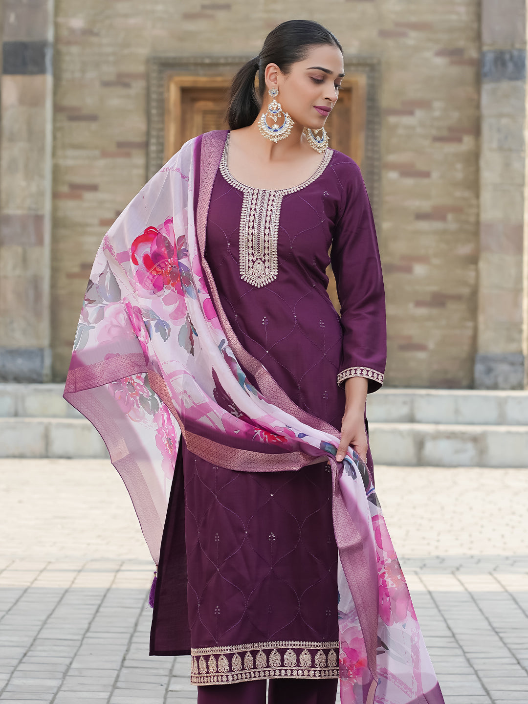 Wine Yoke Design Chinon Straight Suit With Dupatta