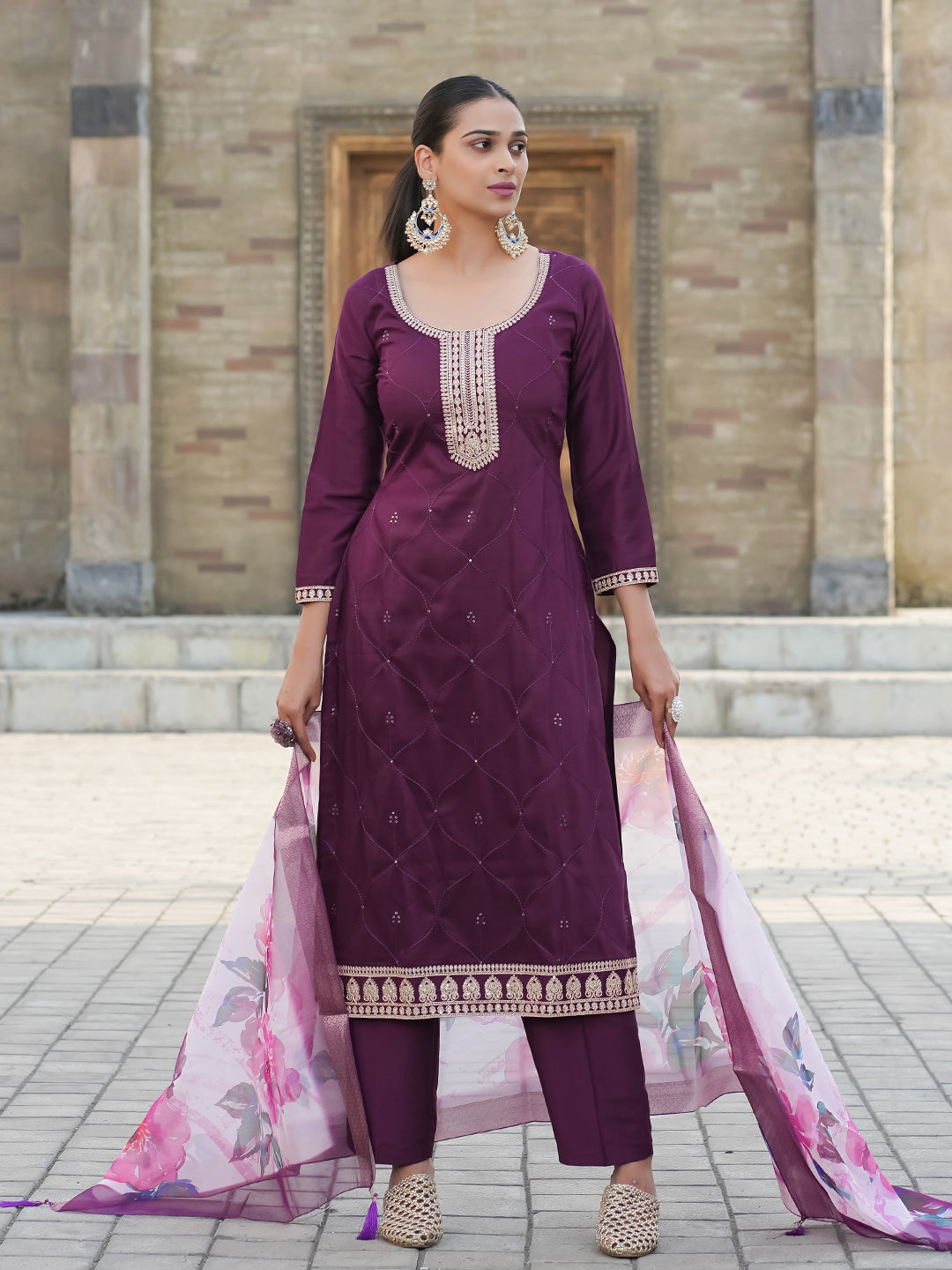 Wine Yoke Design Chinon Straight Suit With Dupatta