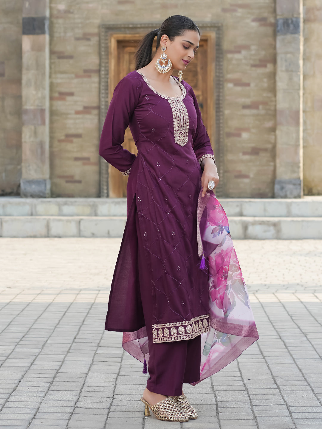 Wine Yoke Design Chinon Straight Suit With Dupatta