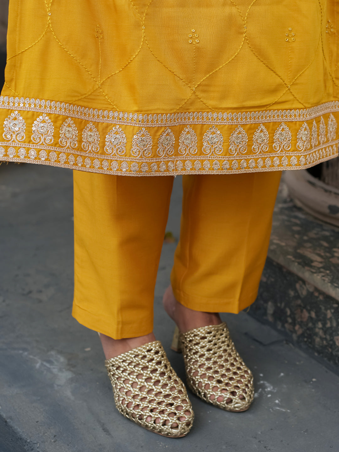 Mustard Yoke Design Chinon Straight Suit With Dupatta