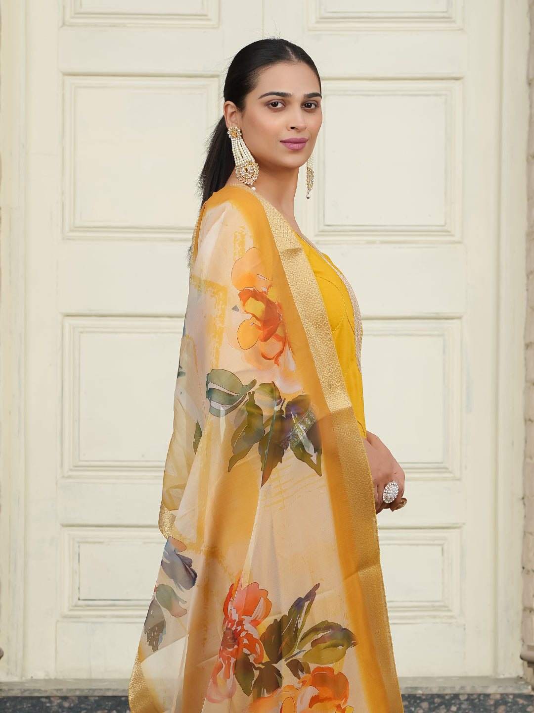 Mustard Yoke Design Chinon Straight Suit With Dupatta