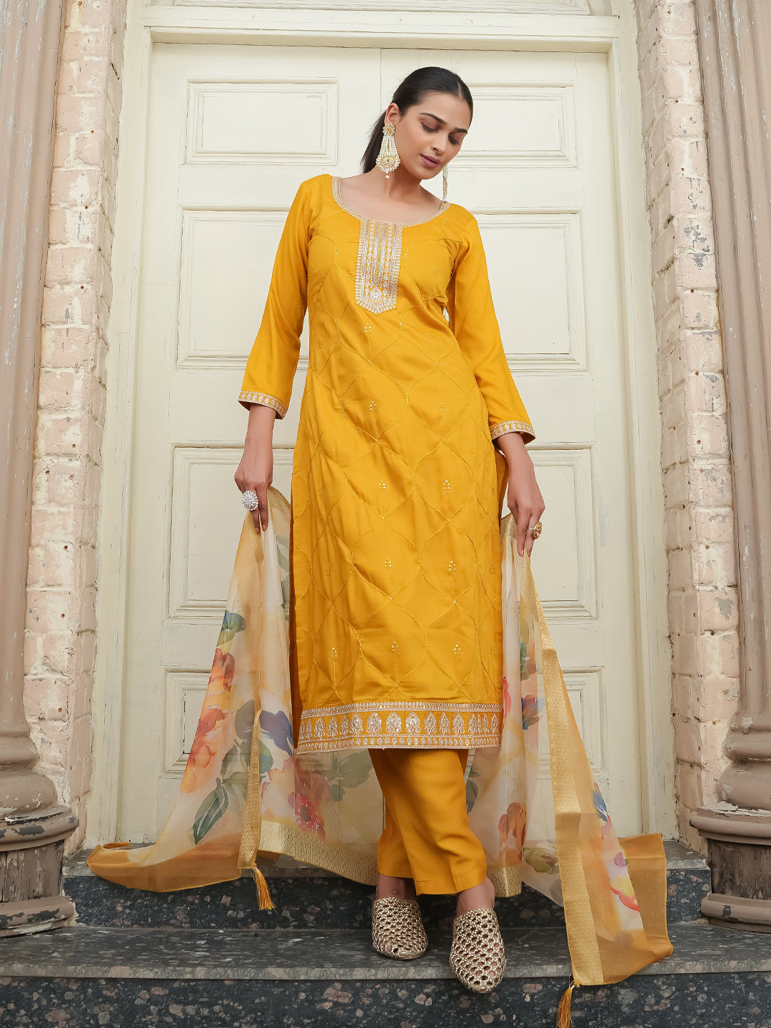 Mustard Yoke Design Chinon Straight Suit With Dupatta