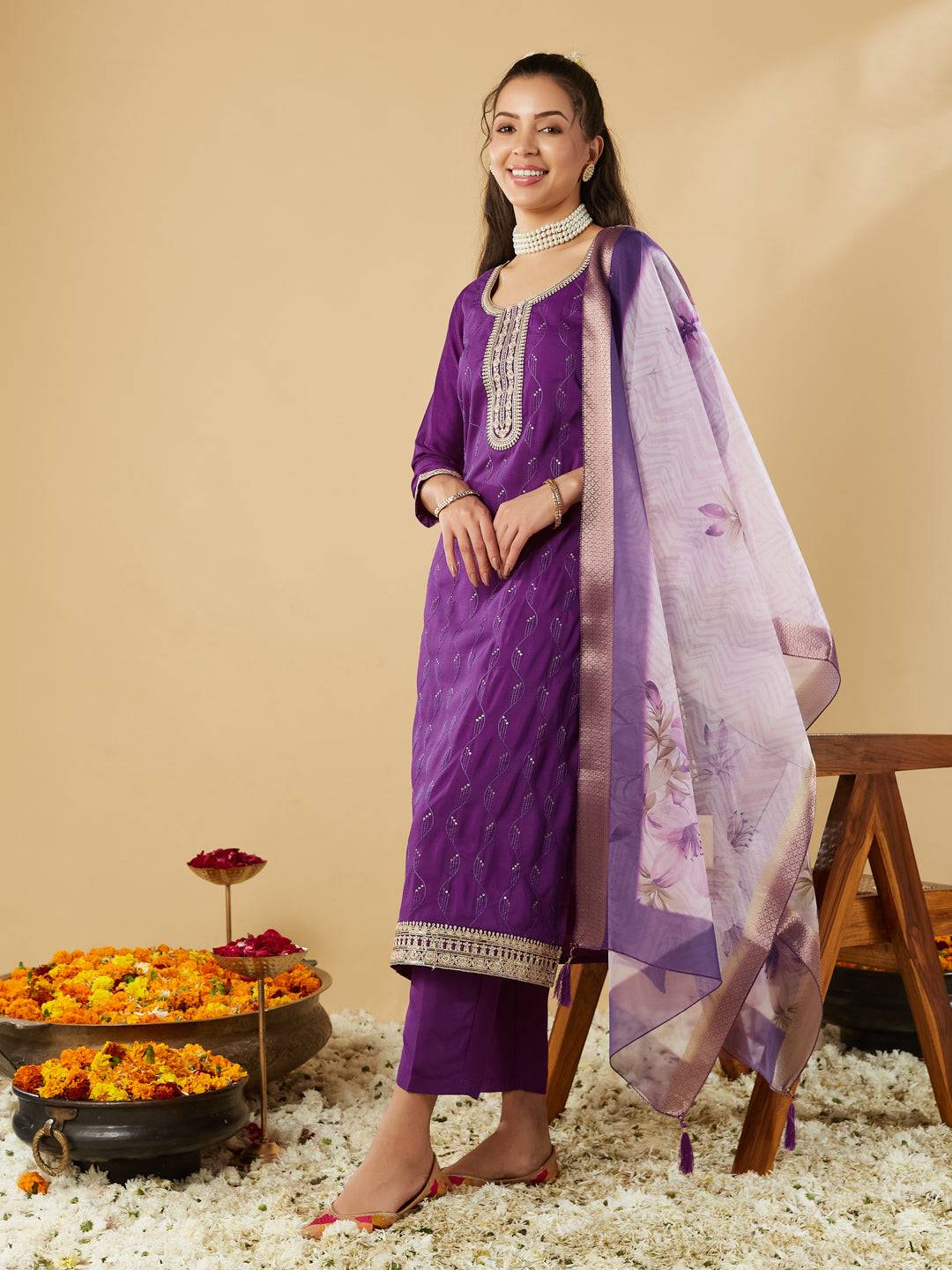 Violet Yoke Design Chinon Straight Suit With Printed Dupatta