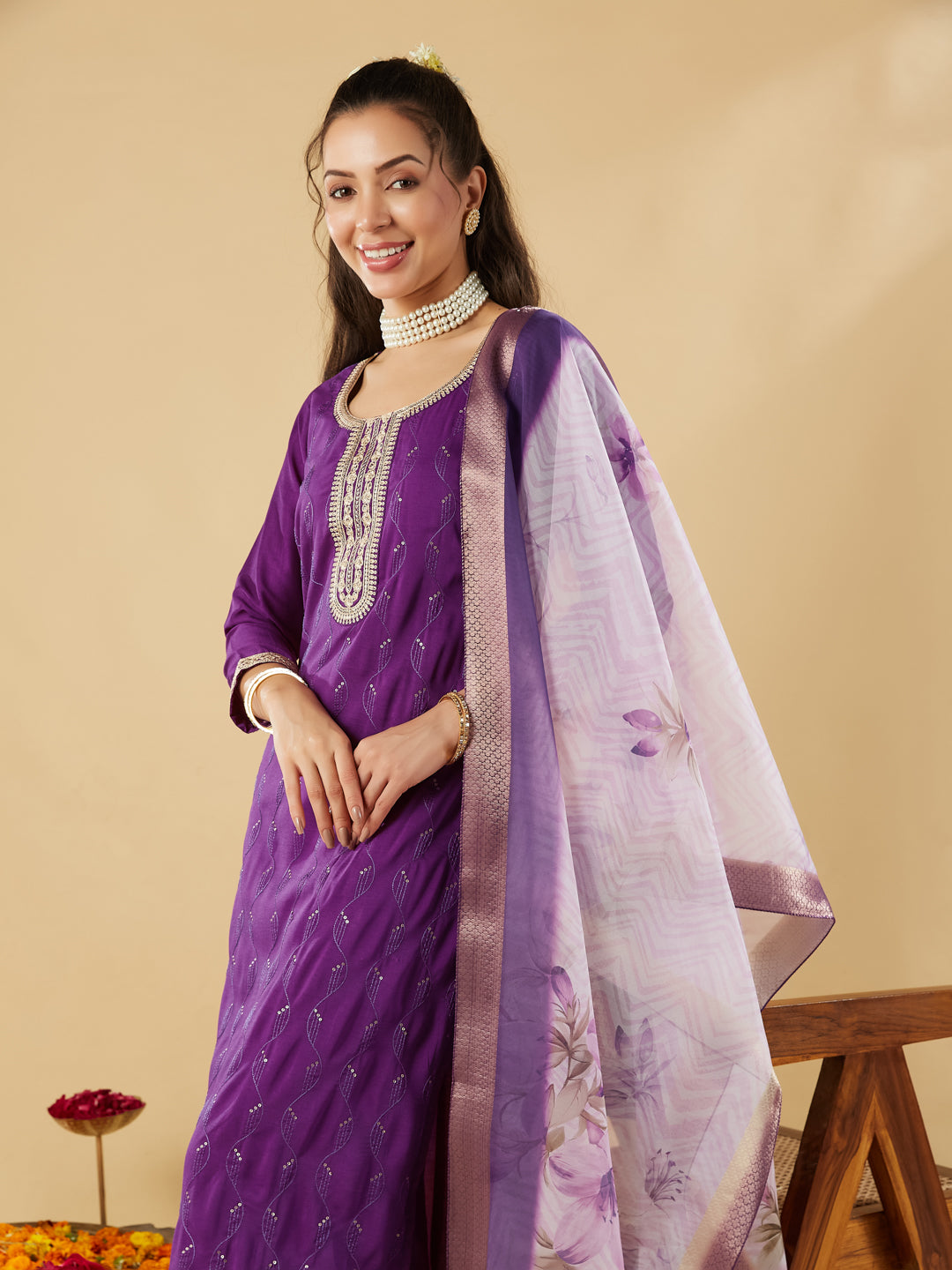 Violet Yoke Design Chinon Straight Suit With Printed Dupatta