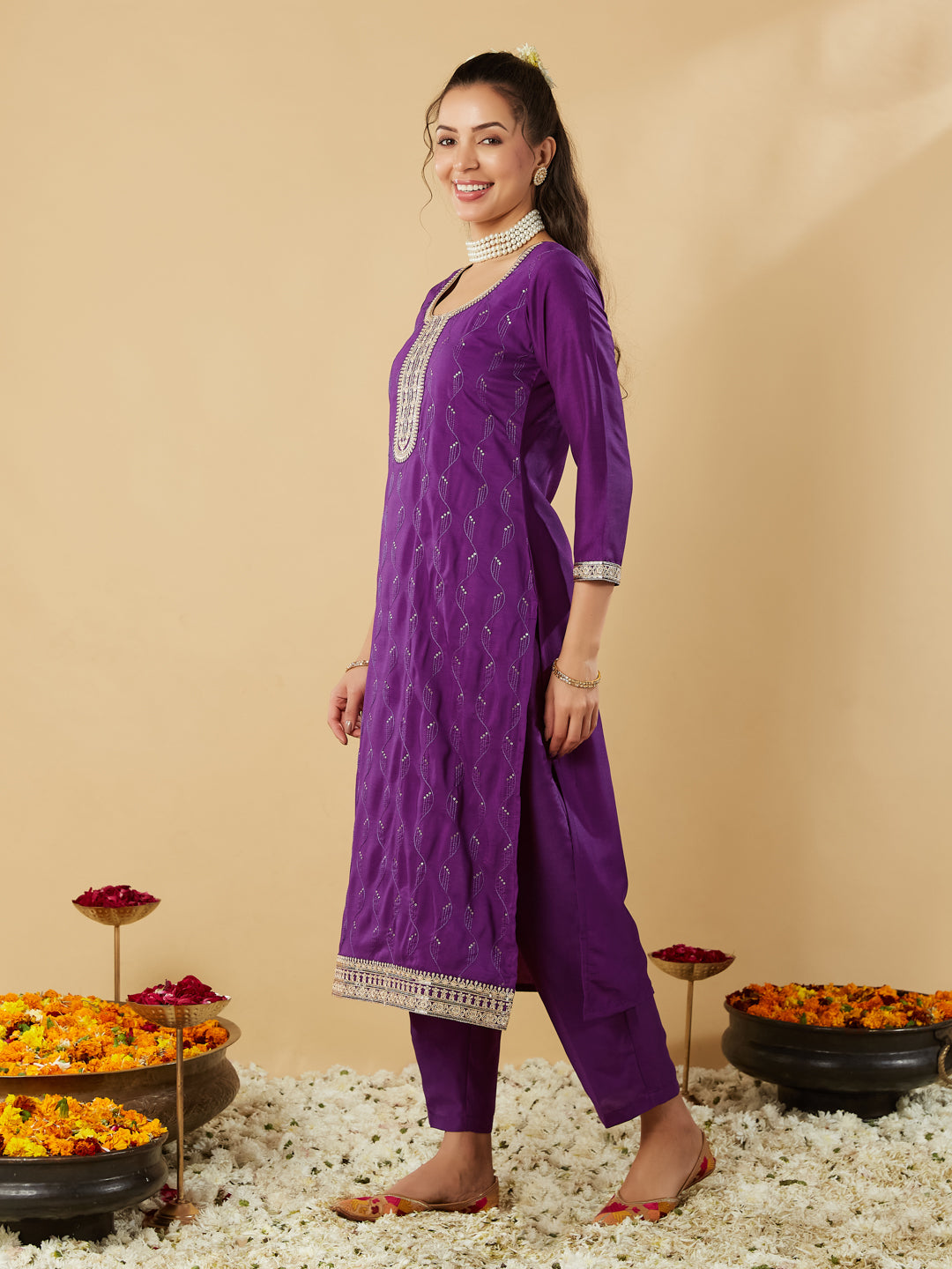 Violet Yoke Design Chinon Straight Suit With Printed Dupatta