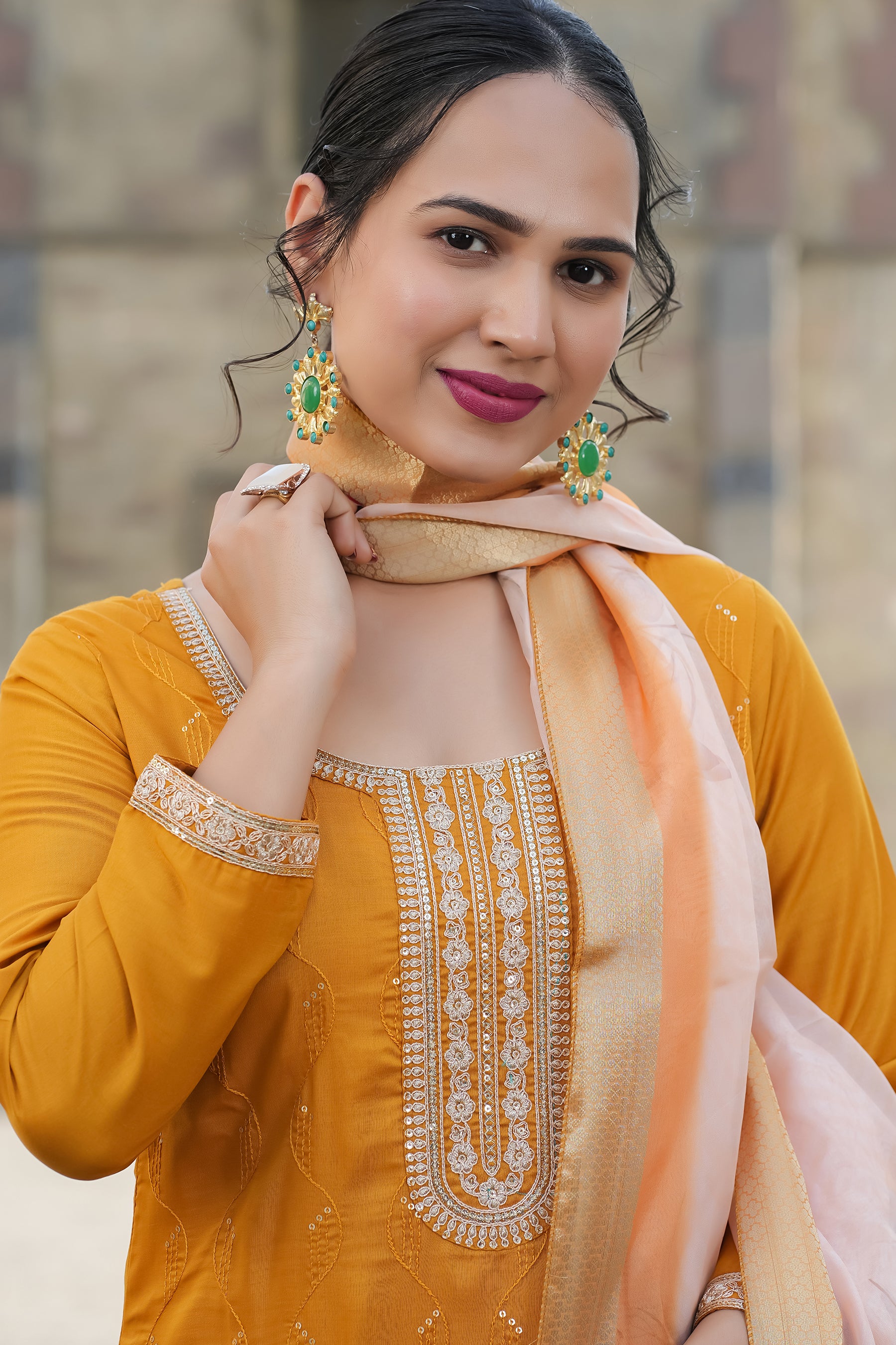 Mustard Yoke Design Chinon Straight Suit With Printed Dupatta