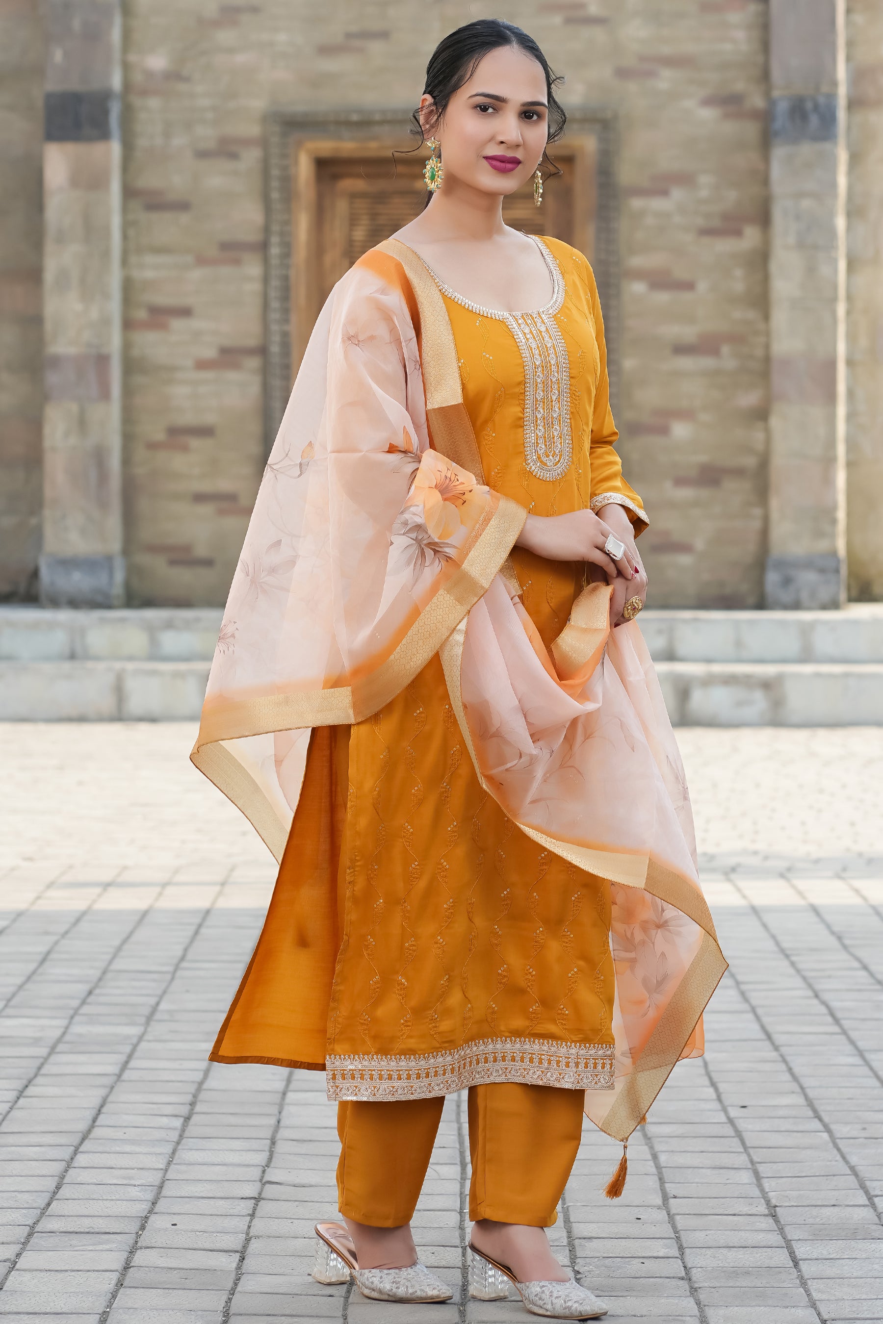 Mustard Yoke Design Chinon Straight Suit With Printed Dupatta