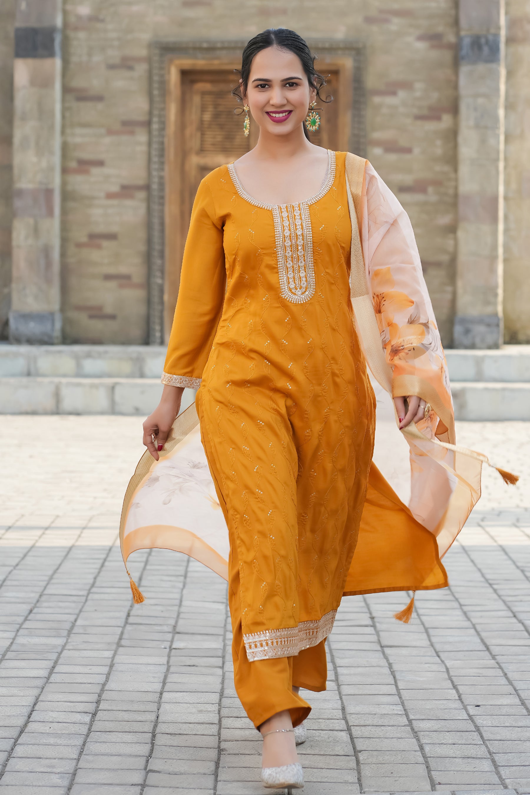 Mustard Yoke Design Chinon Straight Suit With Printed Dupatta