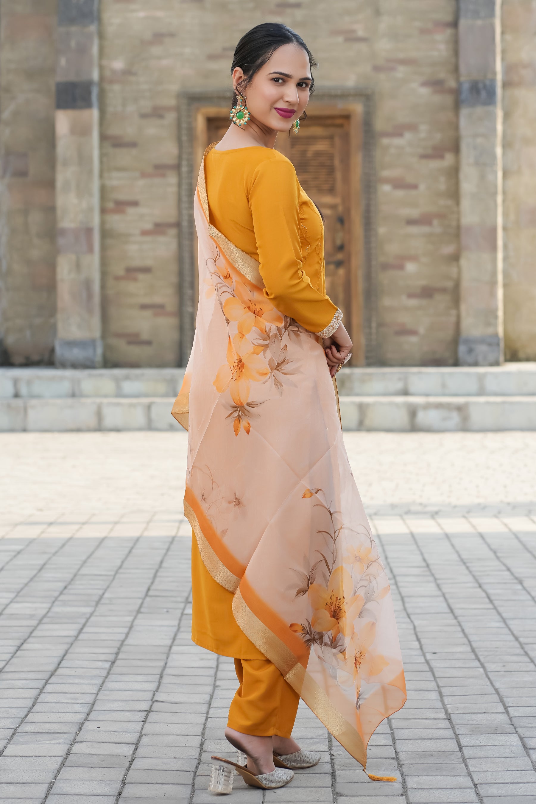 Mustard Yoke Design Chinon Straight Suit With Printed Dupatta